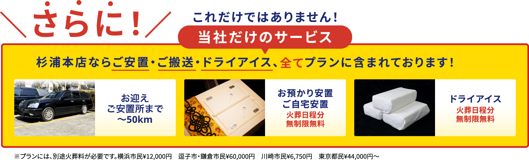 当社だけのサービス 杉浦本店なら火葬料・ご安置・ドライアイス、全て無料でプランに含まれております!
