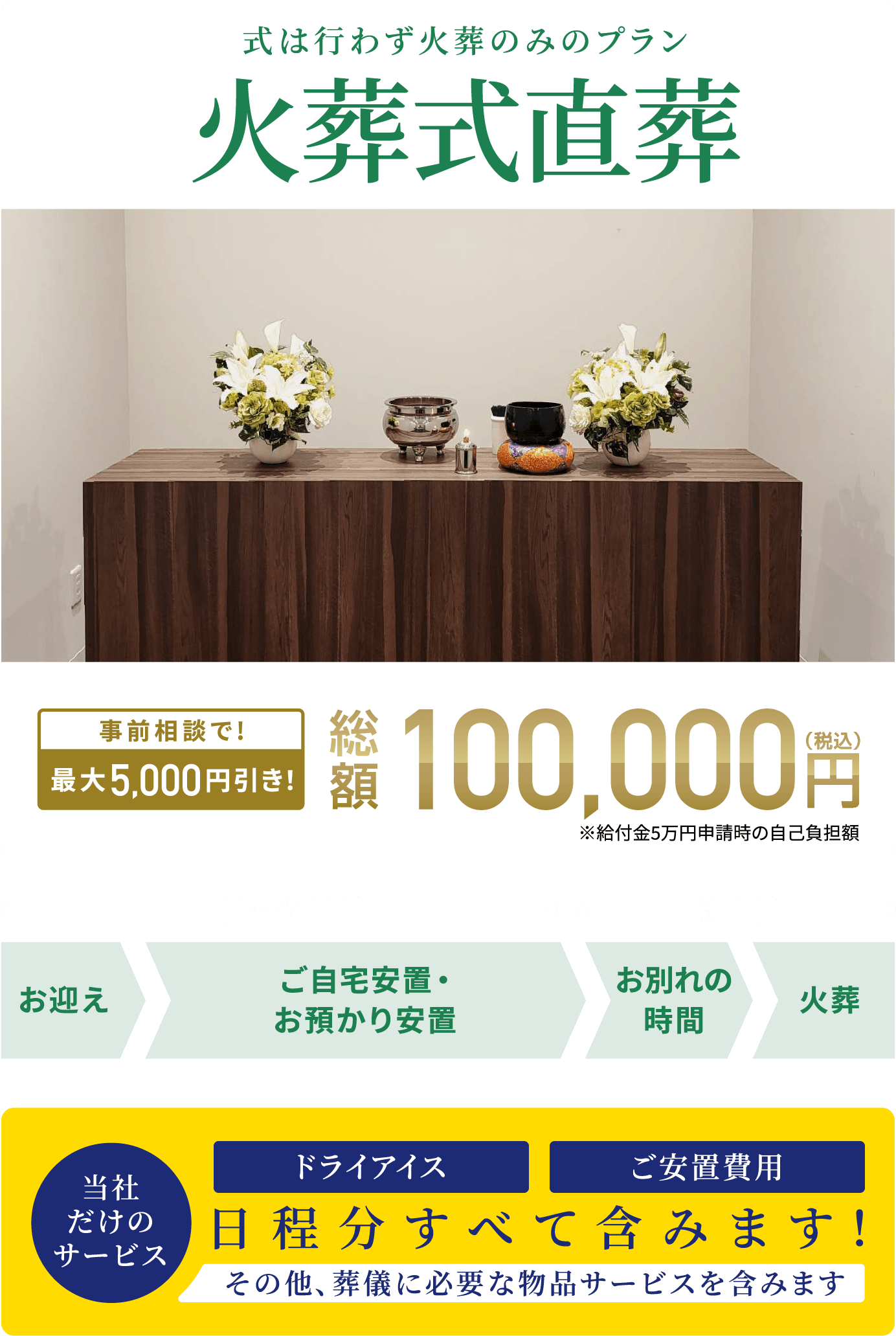 式は行わなず近親者で火葬のみのプラン 総額100,000円(税込) 事前相談で最大5,000円引き