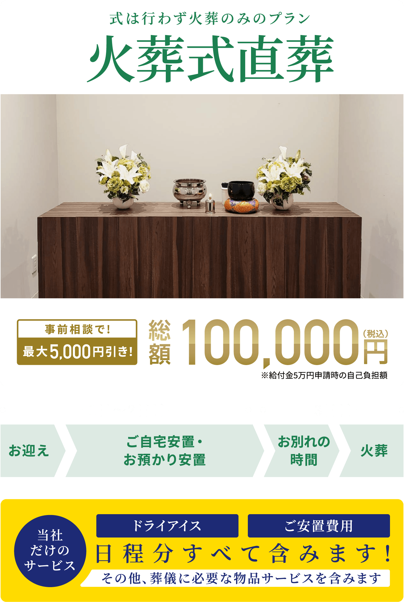 式は行わなず近親者で火葬のみのプラン 総額100,000円（税込） 事前相談で最大5,000円引き