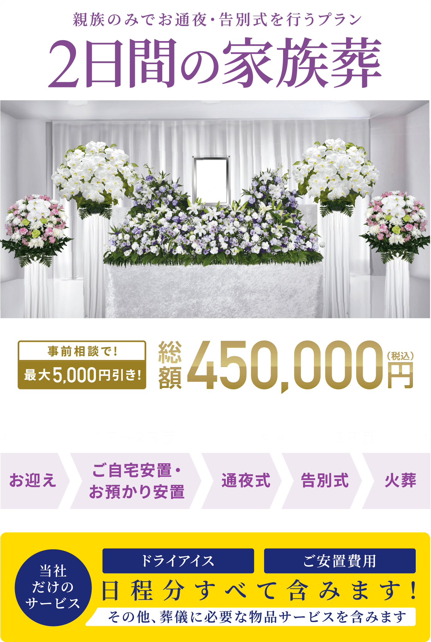 親族のみでお通夜・告別式を行うプラン 総額450,000円(税込) 事前相談で最大5,000円引き