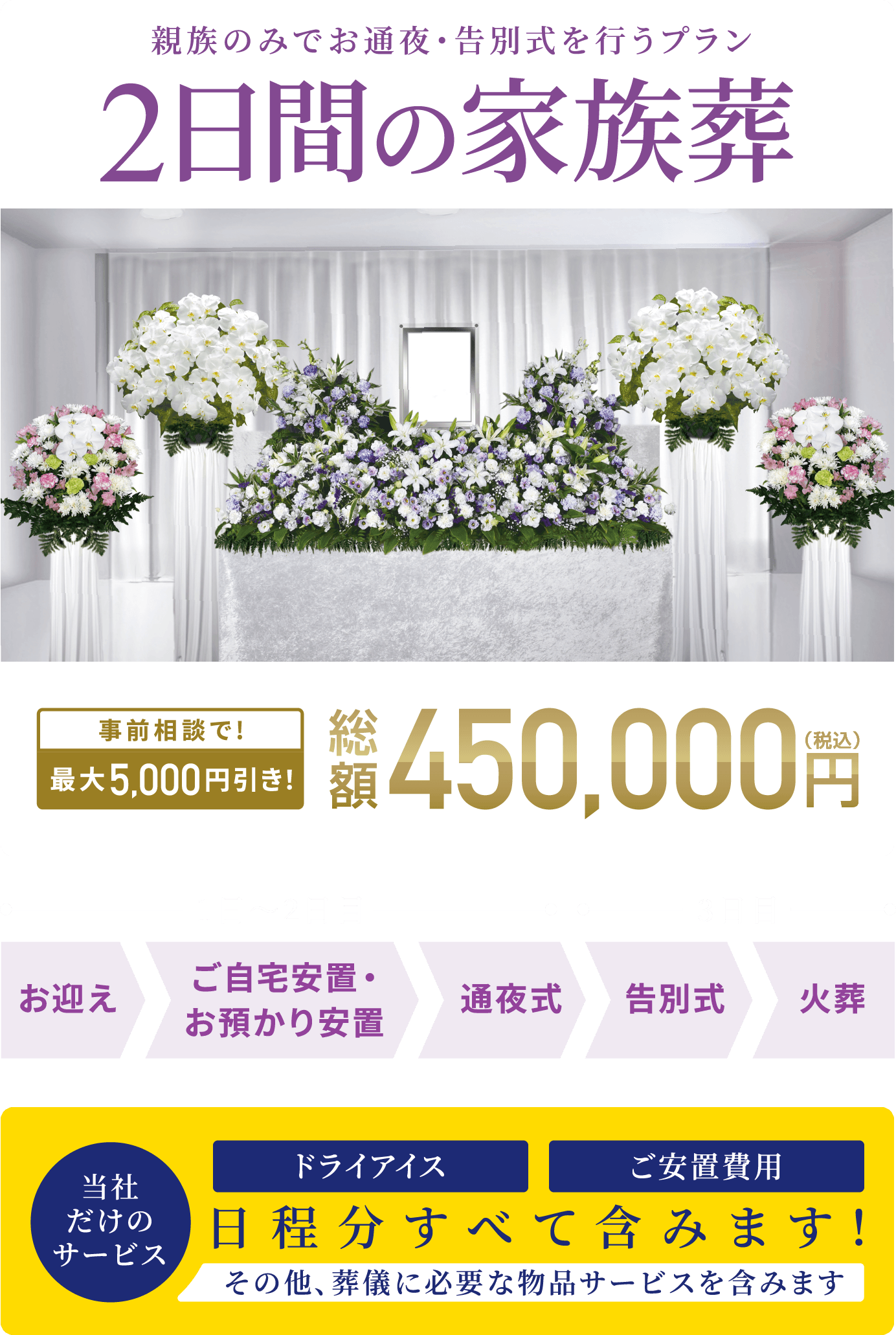 親族のみでお通夜・告別式を行うプラン 総額450,000円（税込） 事前相談で最大5,000円引き