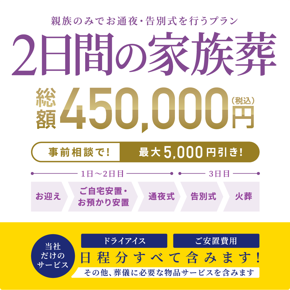 親族のみでお通夜・告別式を行うプラン 総額450,000円(税込) 事前相談で最大5,000円引き