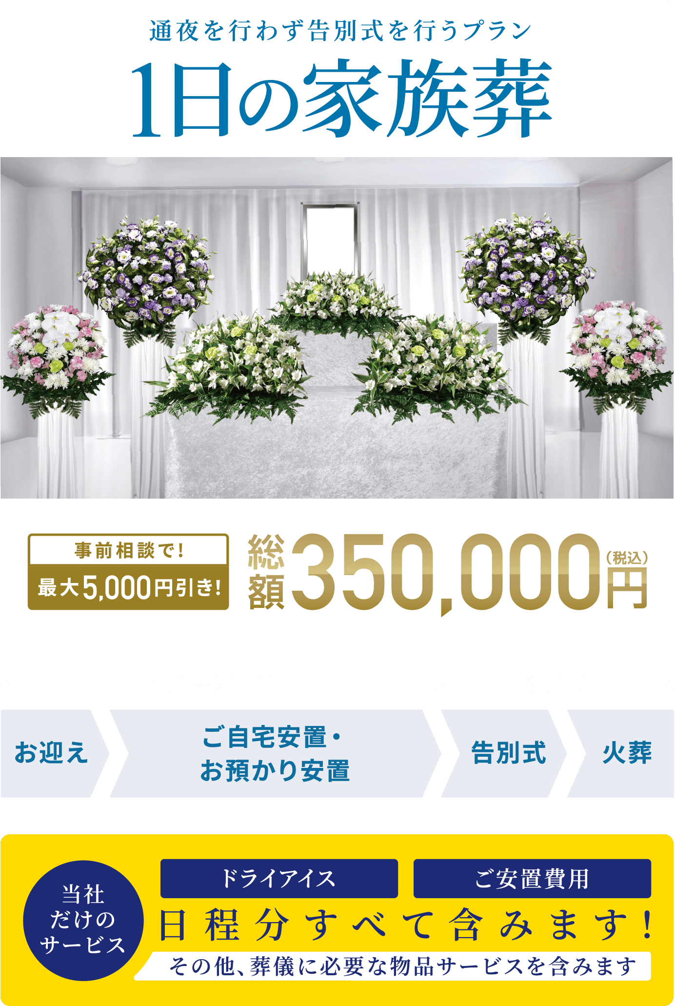 通夜を行わず告別式を行うプラン 総額350,000円(税込) 事前相談で最大5,000円引き