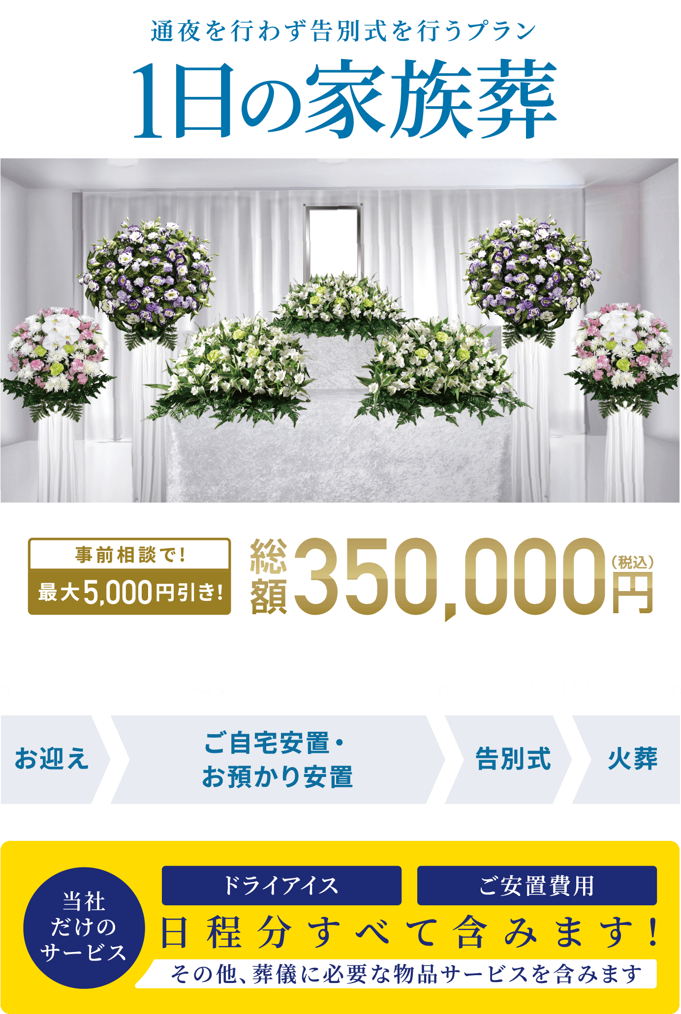 通夜を行わず告別式を行うプラン 総額350,000円（税込） 事前相談で最大5,000円引き