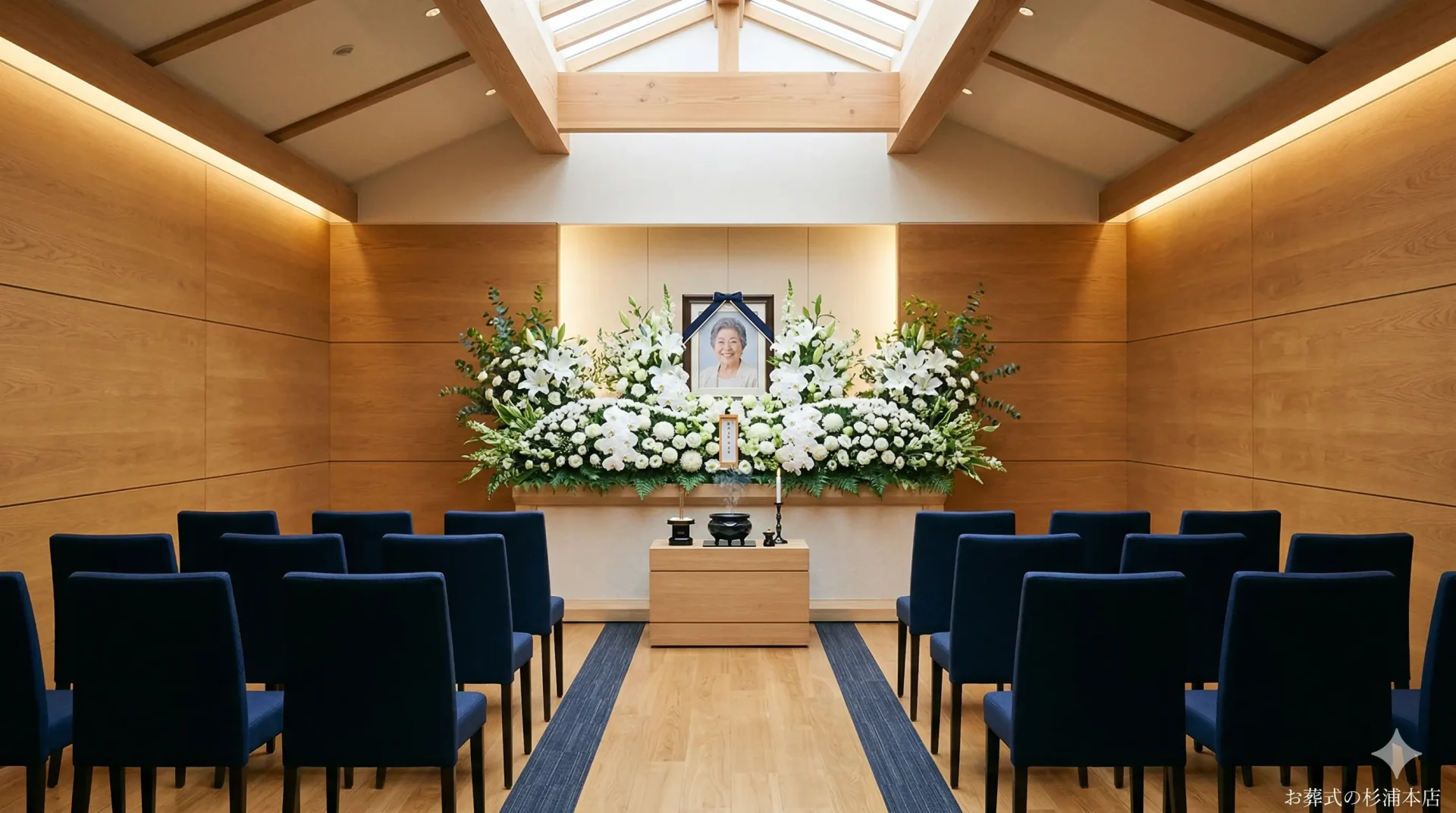 横浜市中区の家族葬式場に飾られた白いカサブランカとデンファレの祭壇