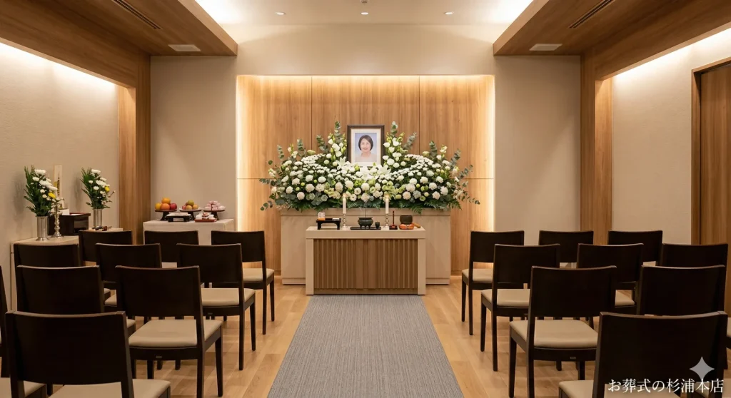 横浜市金沢区の家族葬式場に飾られた白いカーネーションとユーカリの祭壇