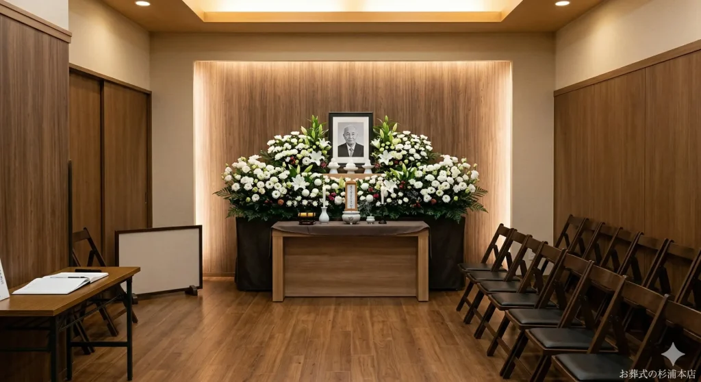 横浜市神奈川区の家族葬式場に飾られた白いトルコキキョウとスプレーマムの祭壇
