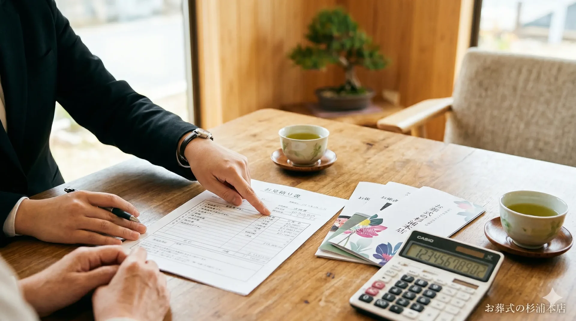 横浜市都筑区の家族葬費用イメージ｜見積書とご家族の打ち合わせ風景