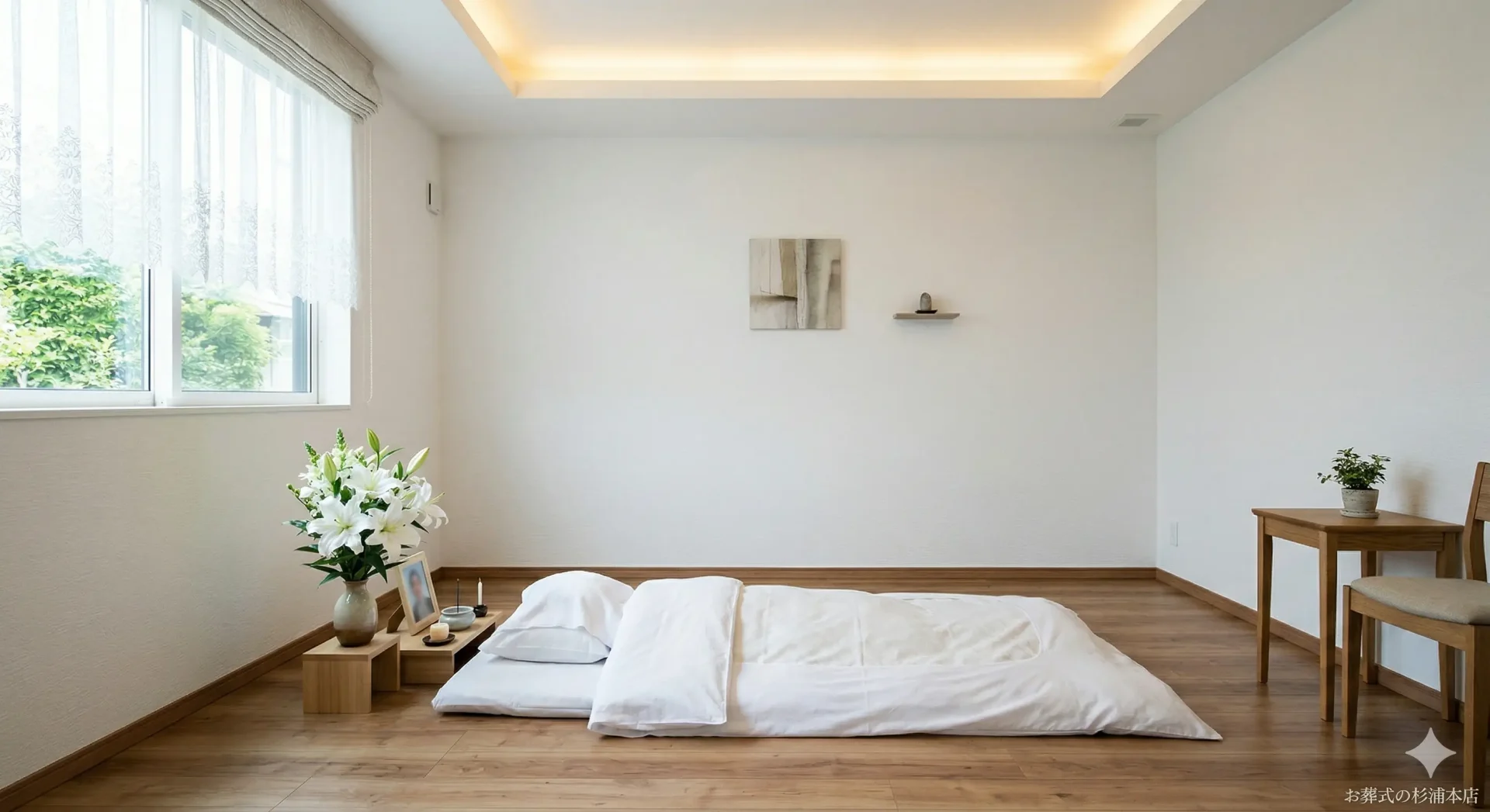 ありがとうホール石川町の清潔感ある内観と白い花祭壇