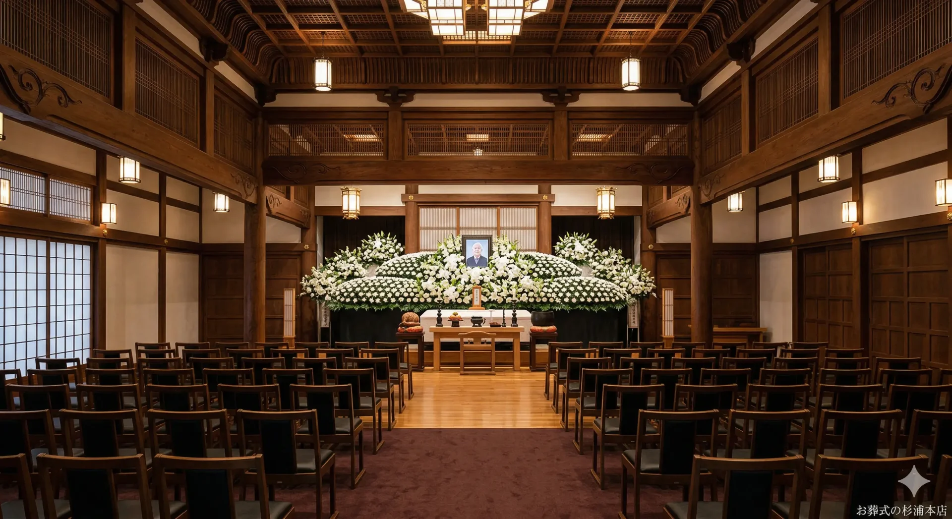 本覚寺斎場の荘厳な雰囲気の式場内観と白い花祭壇