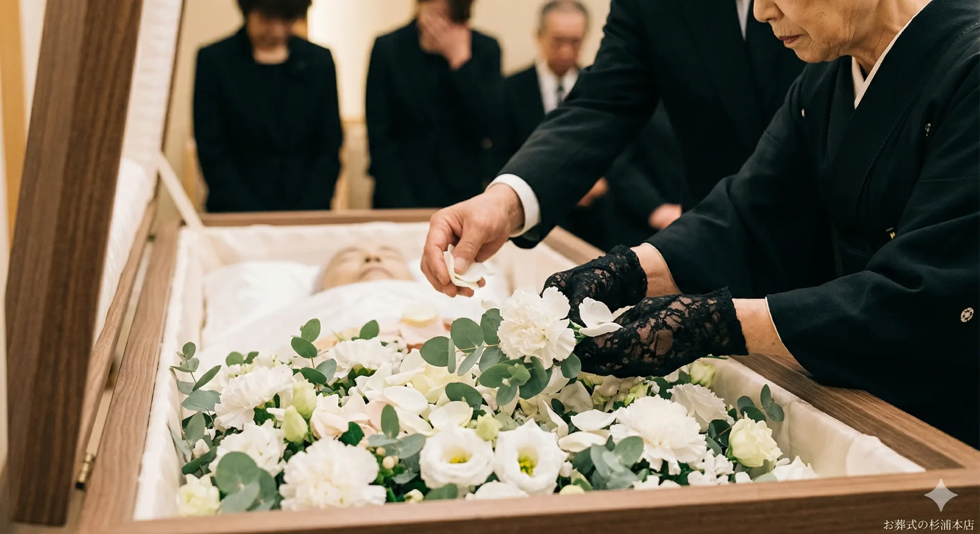 家族葬の花入れの儀で故人を白い花で囲むイメージ