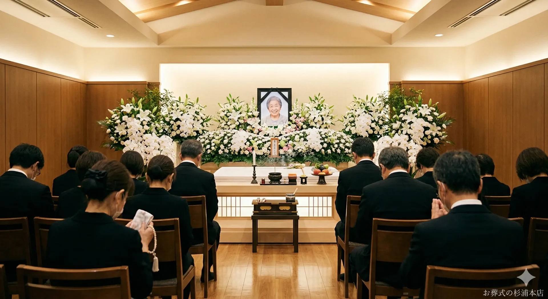 横浜市中区の家族葬で白い花に囲まれた祭壇の前で行われる告別式のイメージ