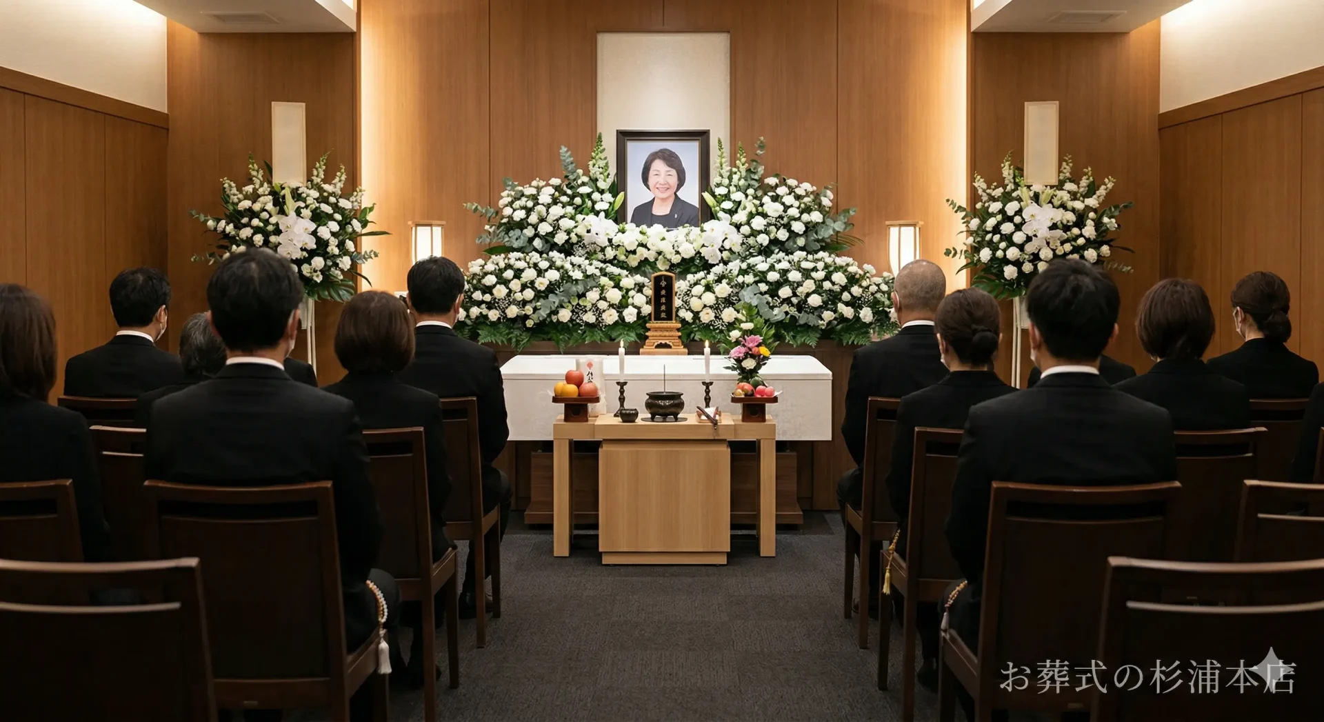 横浜市金沢区の家族葬で白い花に囲まれた祭壇の前で行われる告別式のイメージ