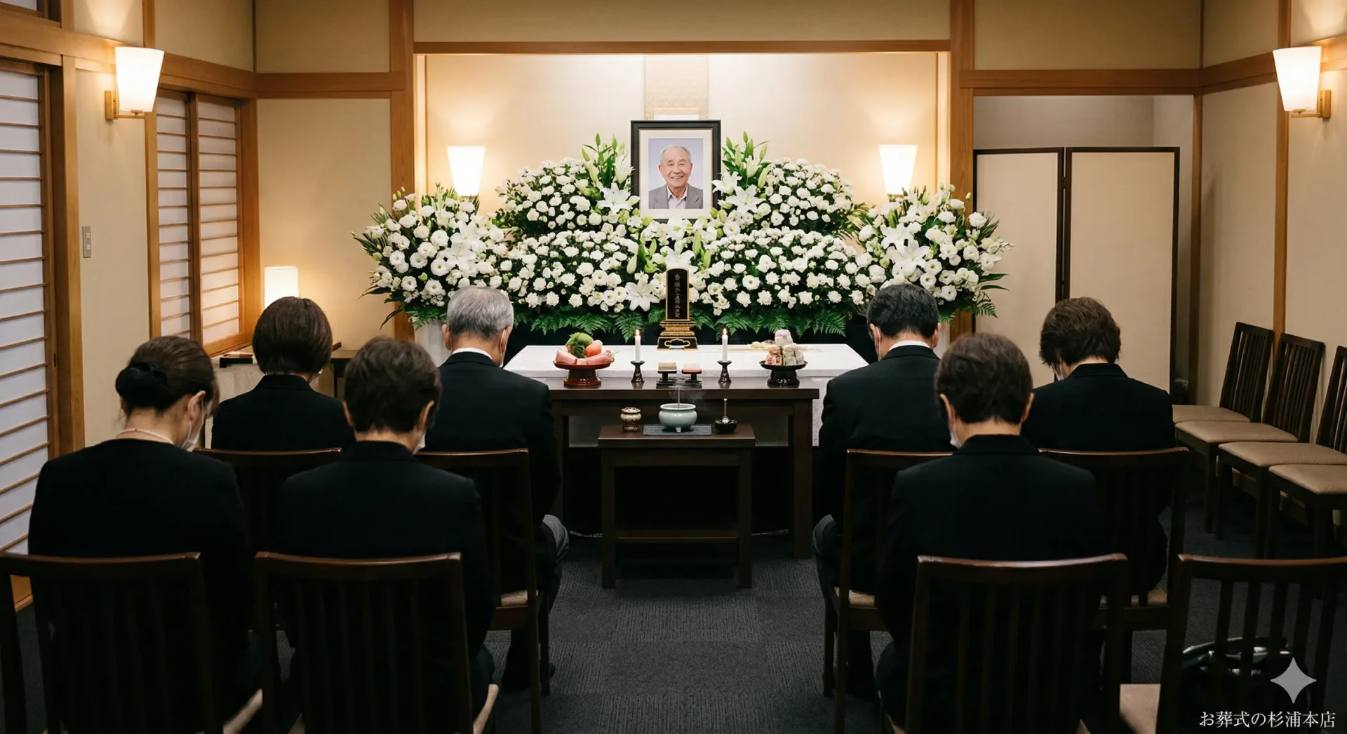 横浜市神奈川区の家族葬で白い花に囲まれた祭壇の前で行われる告別式のイメージ