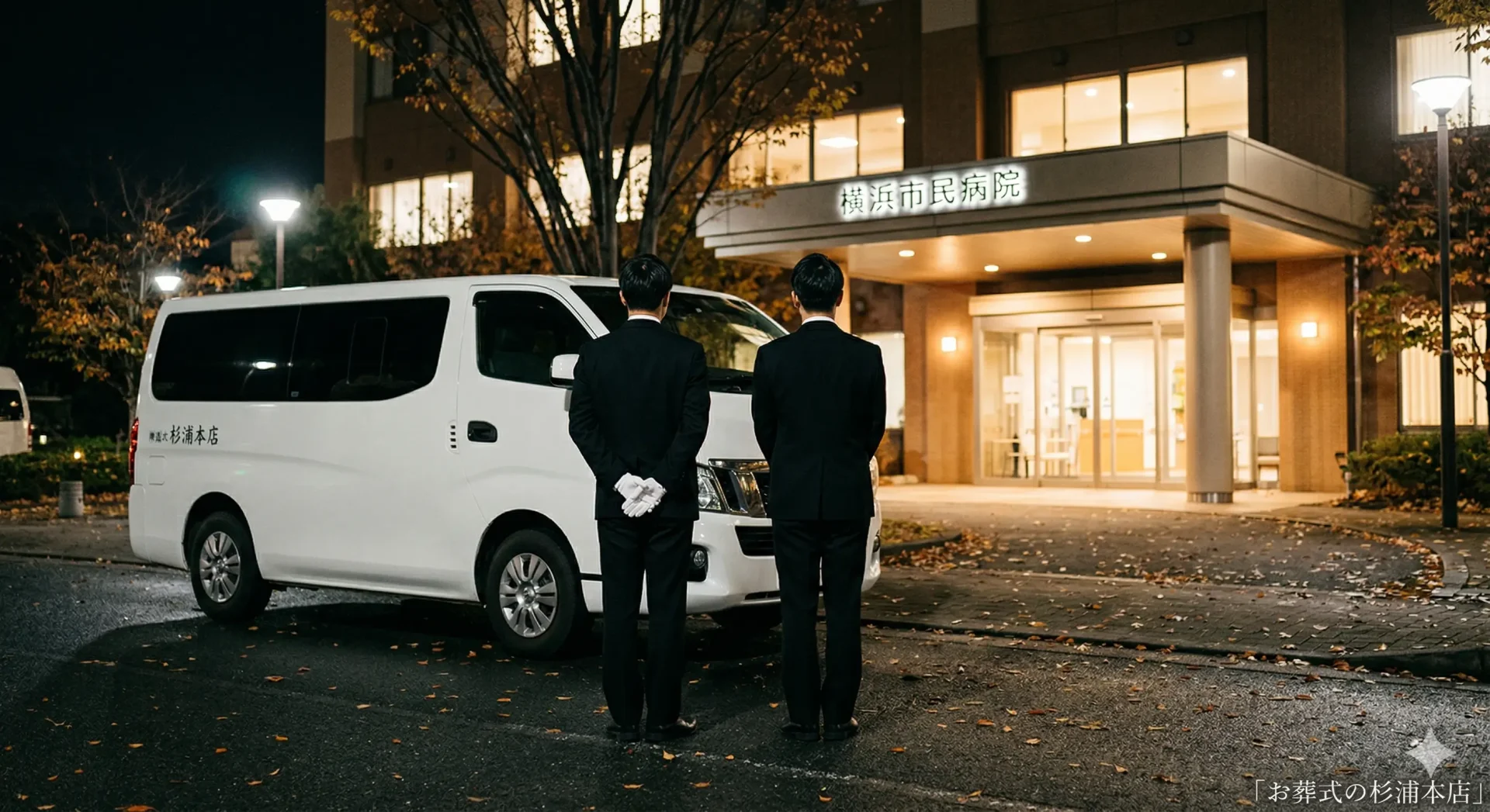 病院から故人をお迎えする葬儀社の搬送車のイメージ