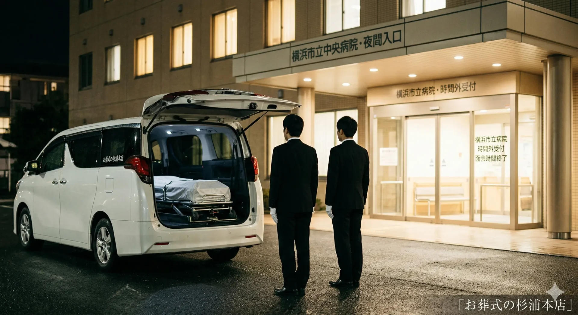 病院からのお迎えで故人を搬送する葬儀社スタッフのイメージ