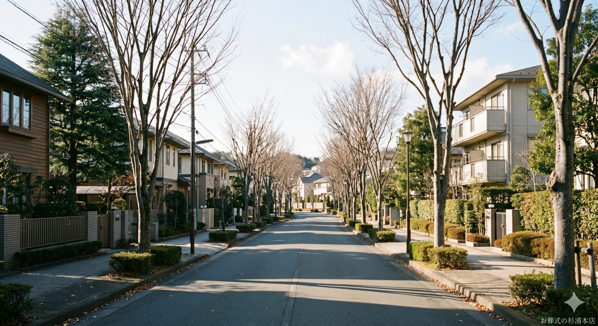 青葉区あざみ野エリアの閑静な住宅街と並木道の風景
