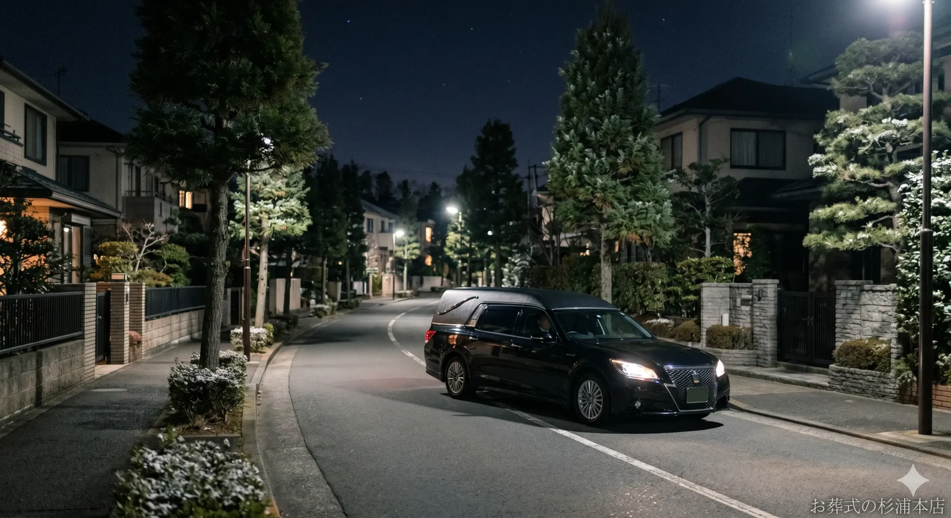 深夜に青葉区の病院へお迎えに向かう黒い葬儀搬送車のイメージ