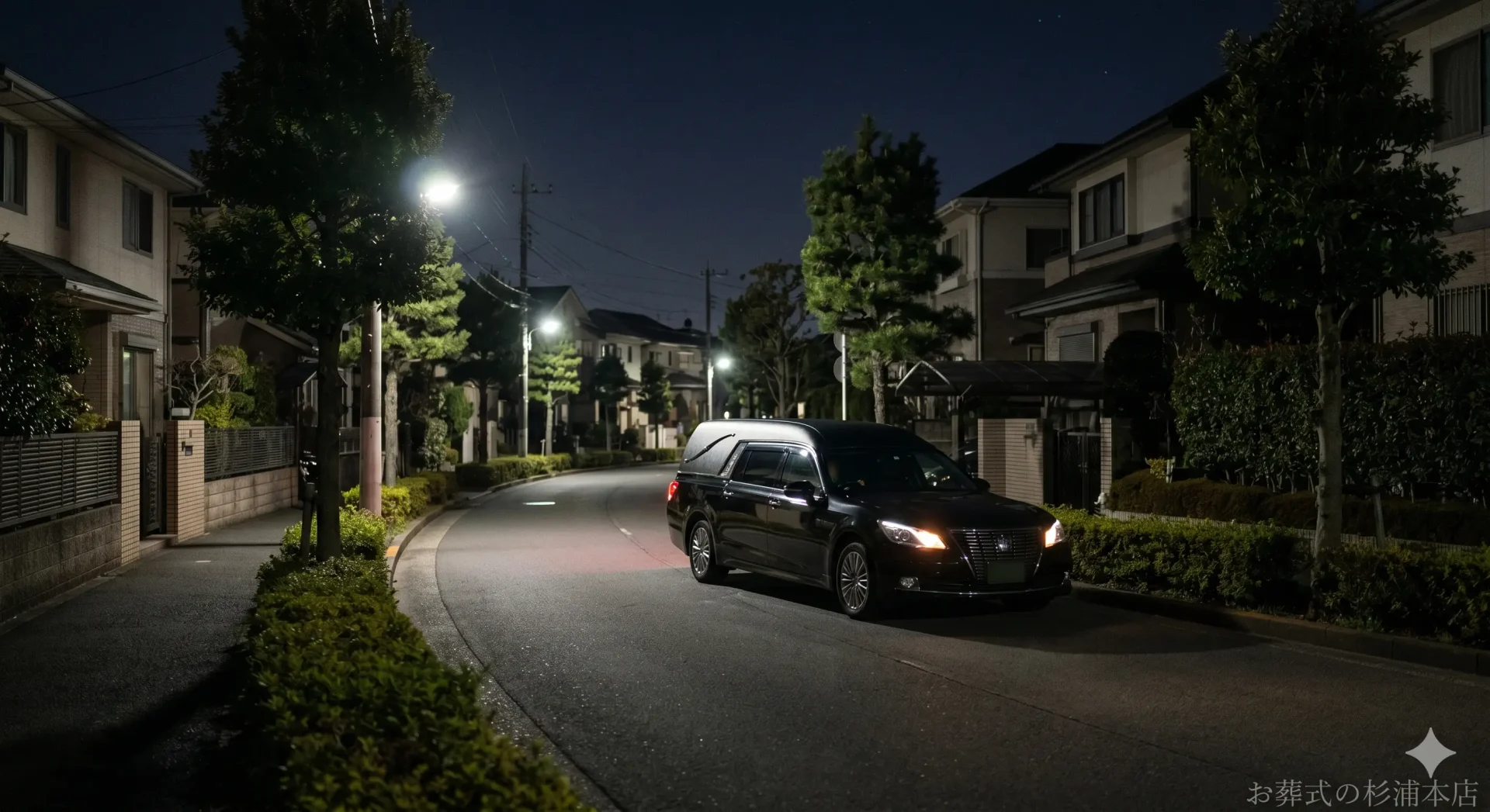 深夜に青葉区の病院へお迎えに向かう黒い葬儀搬送車のイメージ