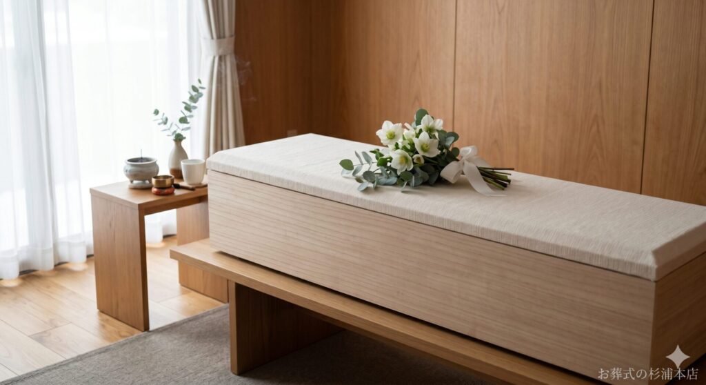 青葉区の直葬で棺に添えられた白いクリスマスローズとユーカリの献花