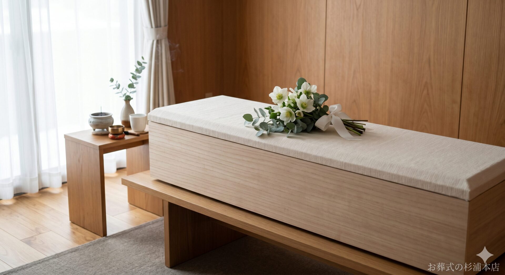 青葉区の直葬で棺に添えられた白いクリスマスローズとユーカリの献花