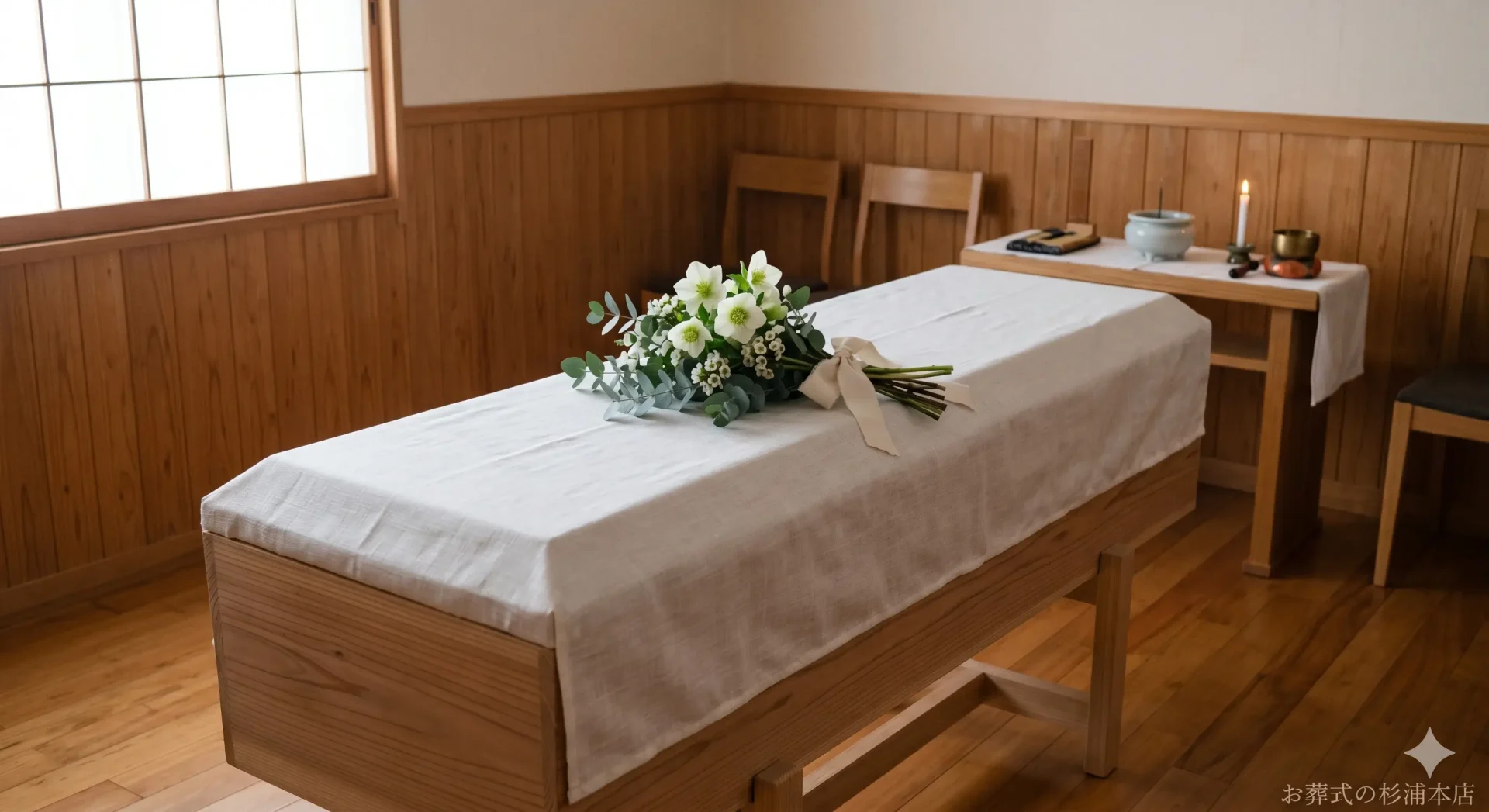 青葉区の直葬で棺に添えられた白いクリスマスローズとユーカリの献花