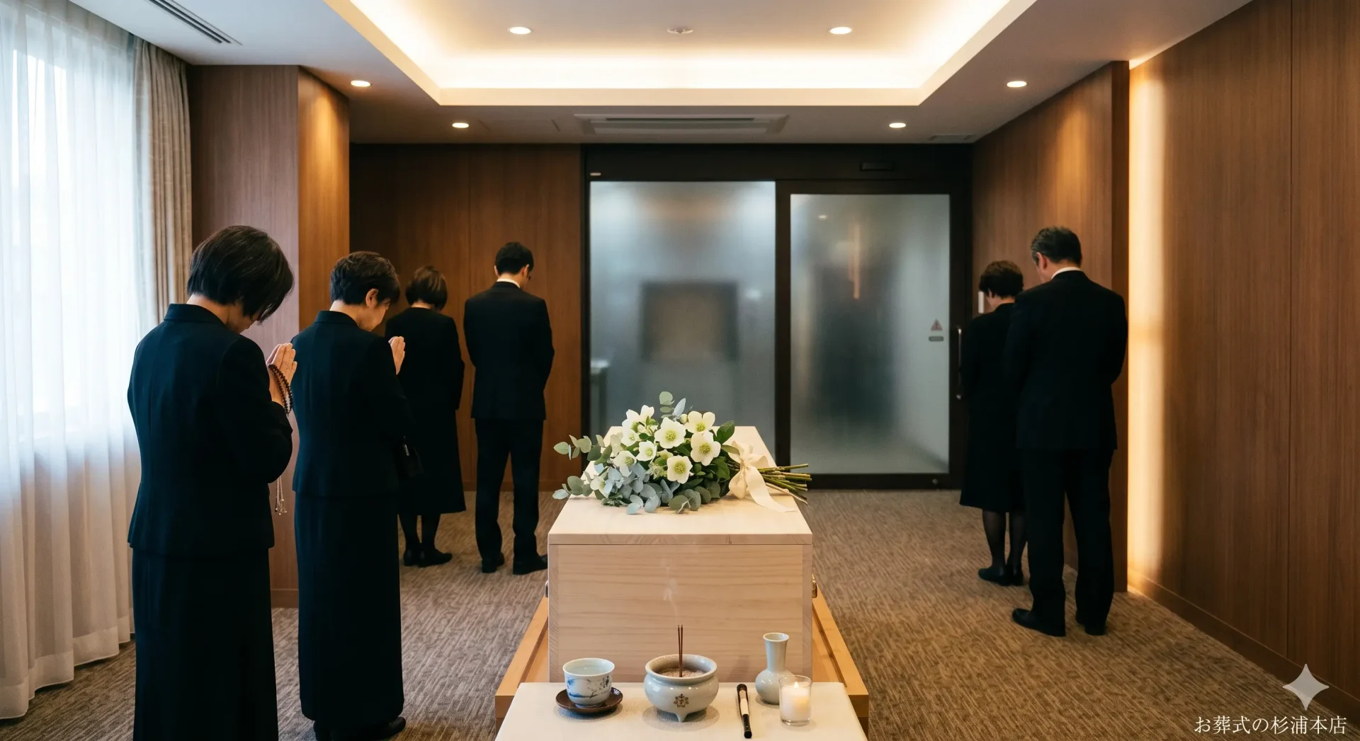 青葉区の直葬で白いクリスマスローズに囲まれた火葬炉前でのお別れのイメージ