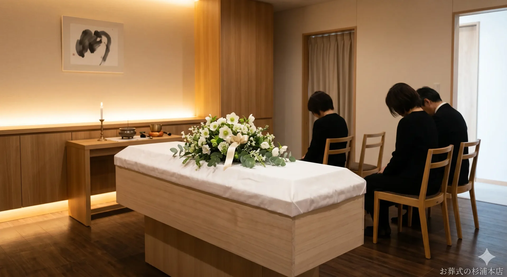 青葉区の直葬で白いクリスマスローズに囲まれた火葬炉前でのお別れのイメージ