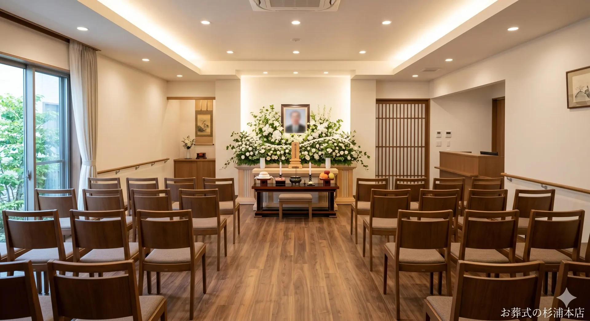ありがとうホール北鎌倉の清潔感ある内観と白い花祭壇