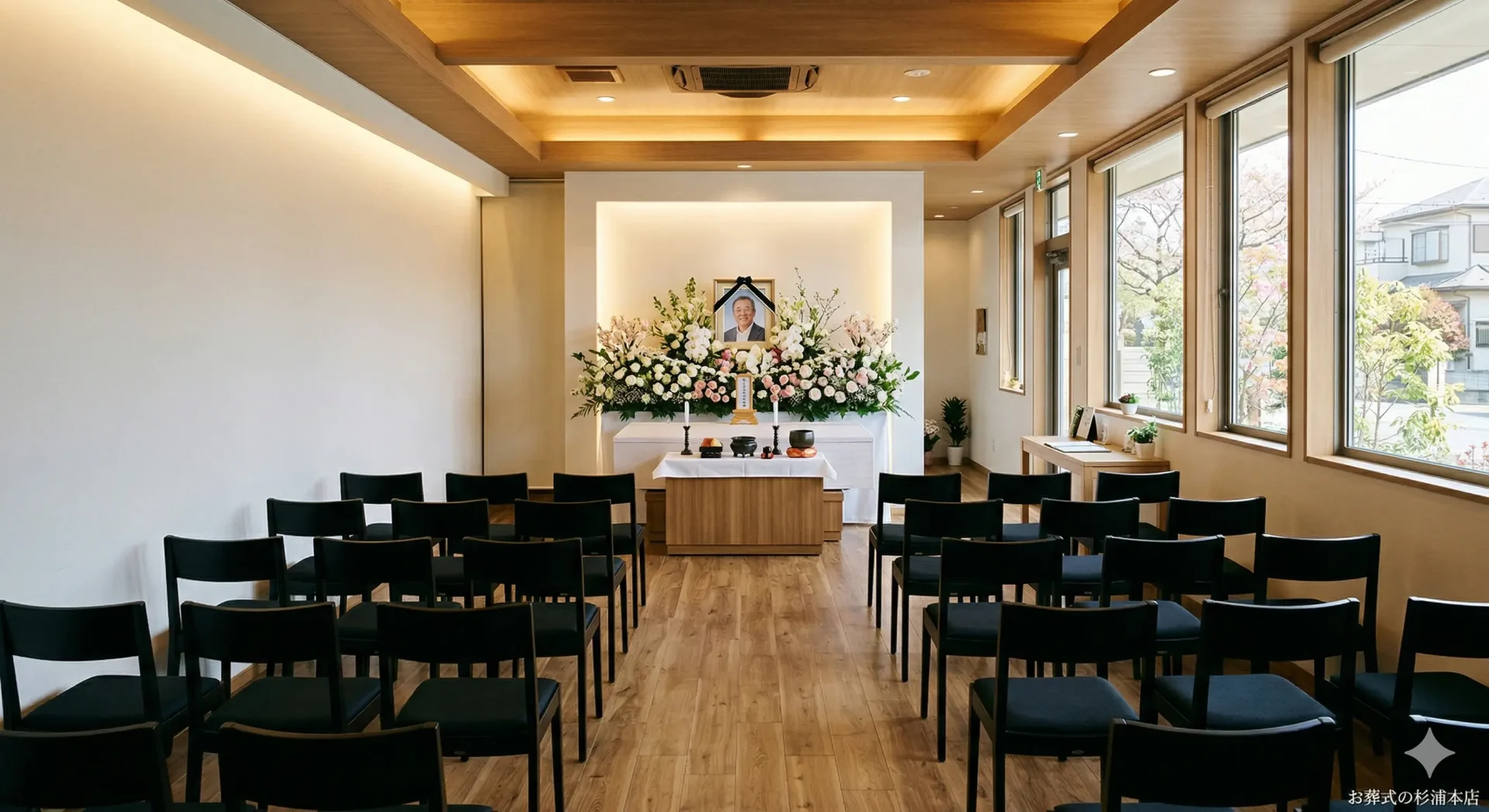 ありがとうホール大船の清潔感ある内観と白い花祭壇