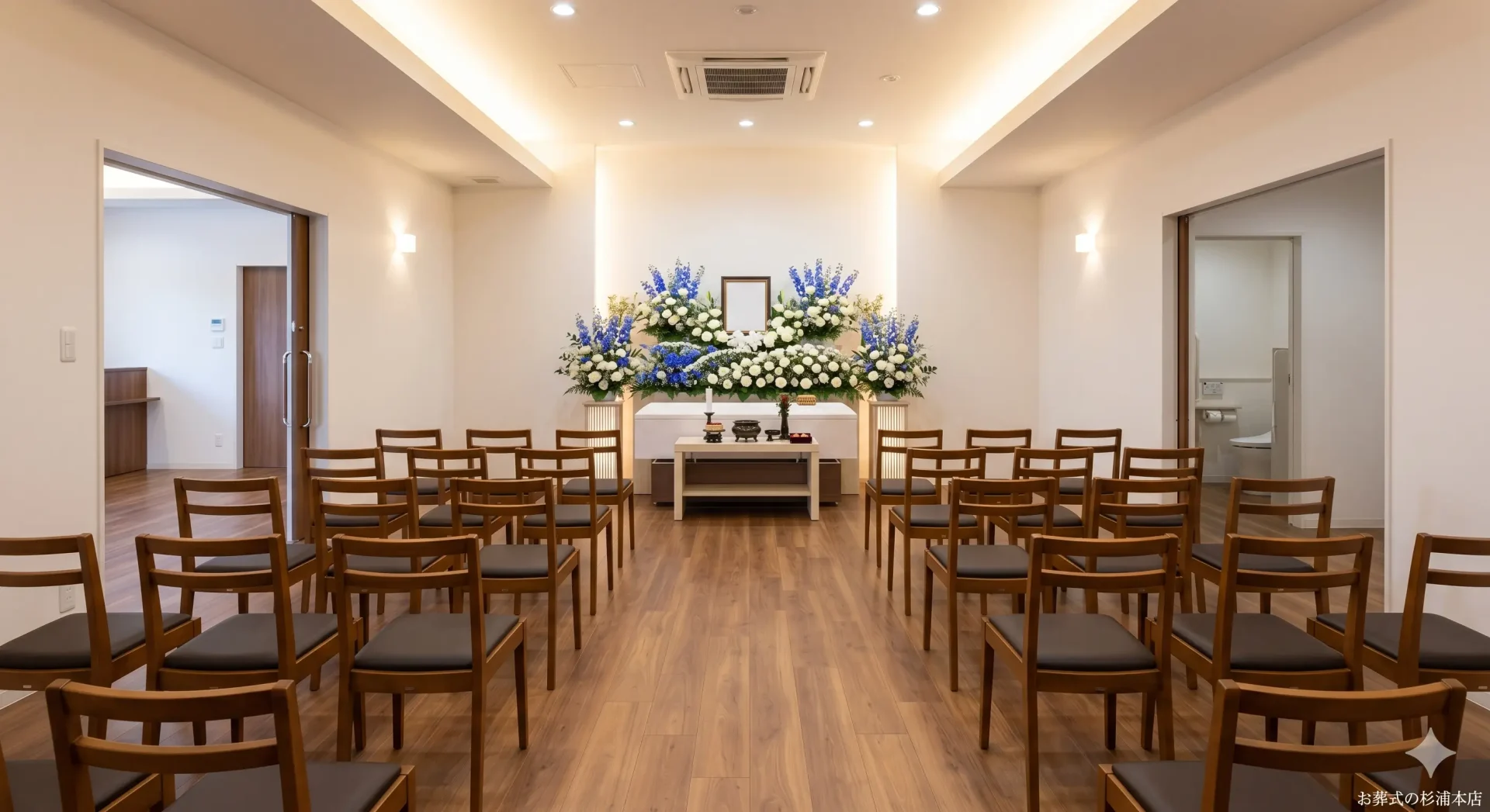 ありがとうホール追浜の清潔感ある内観とデルフィニウムの花祭壇