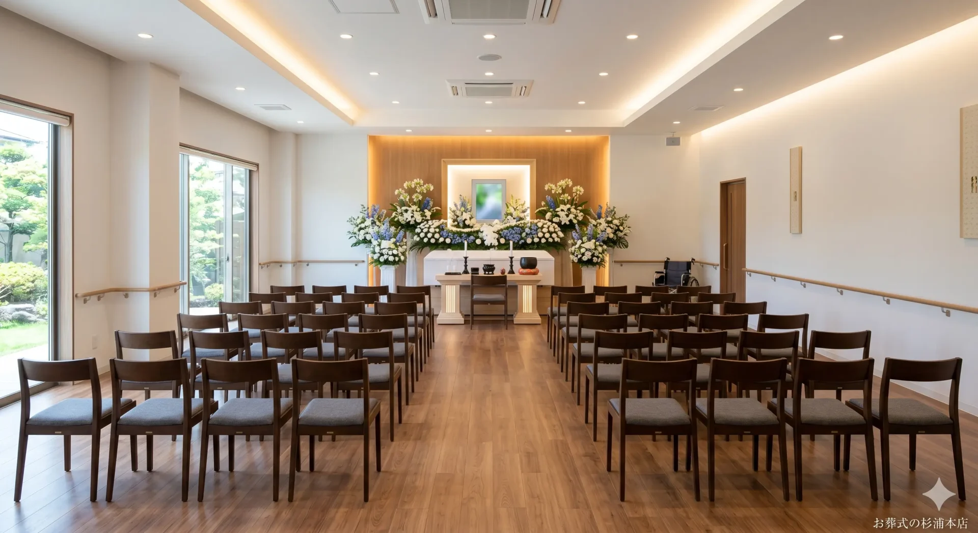 ありがとうホール鶴川の新しく清潔感ある内観とホワイトアガパンサスの花祭壇