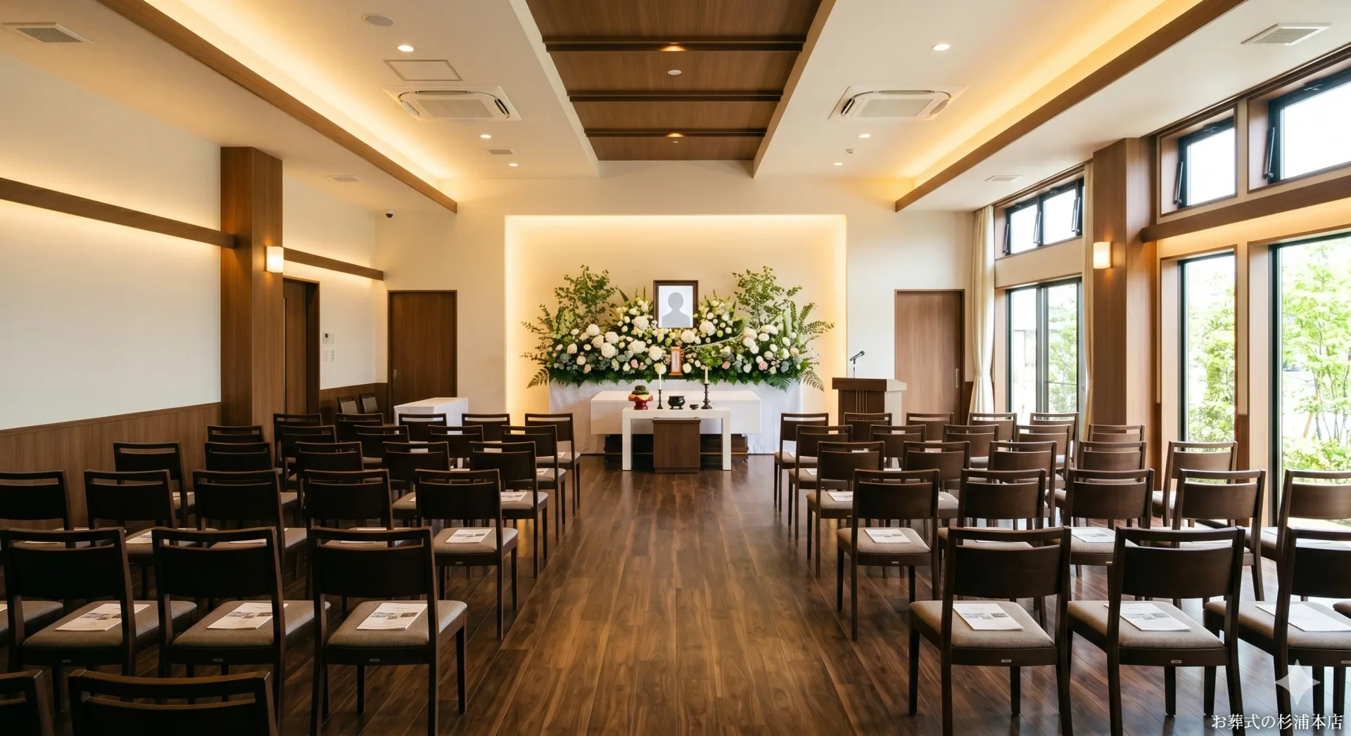 ありがとうホール逗子の清潔感ある内観と白い生花祭壇