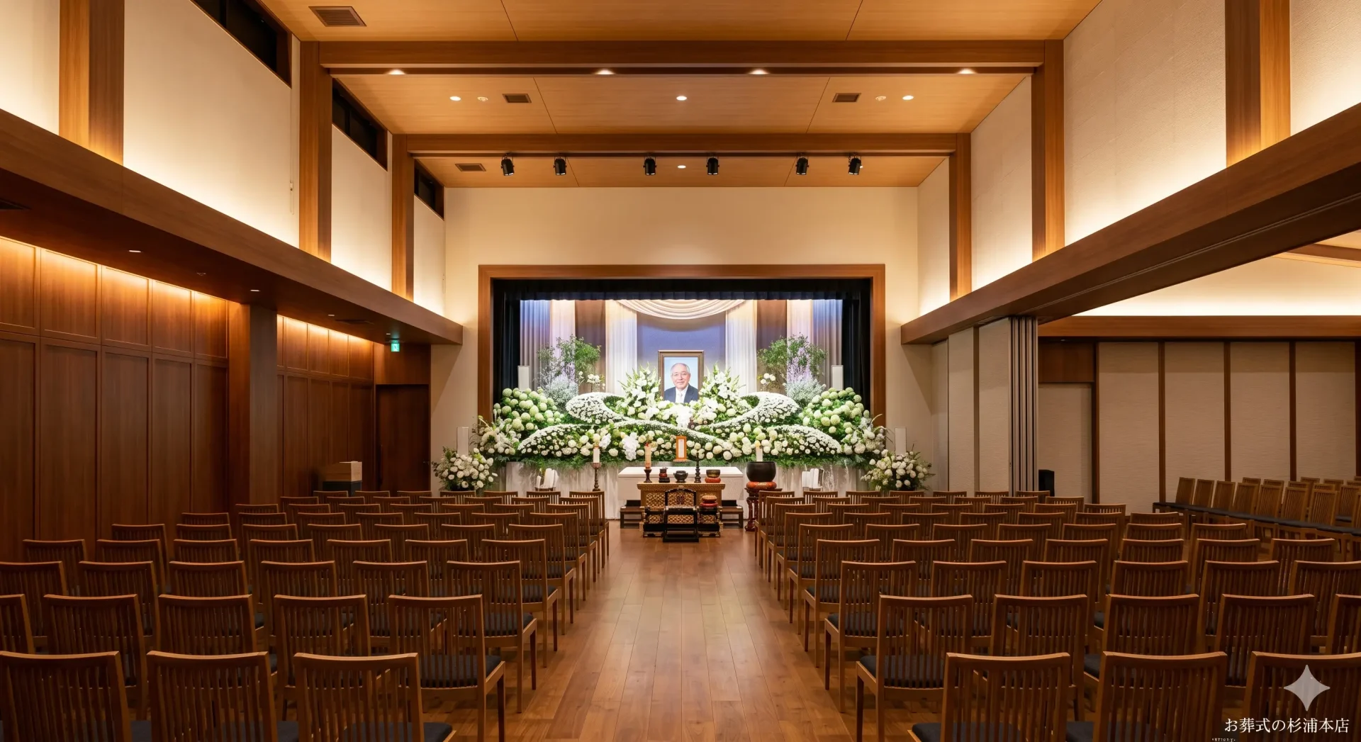 一休庵久保山式場の広い式場内観と白い花祭壇