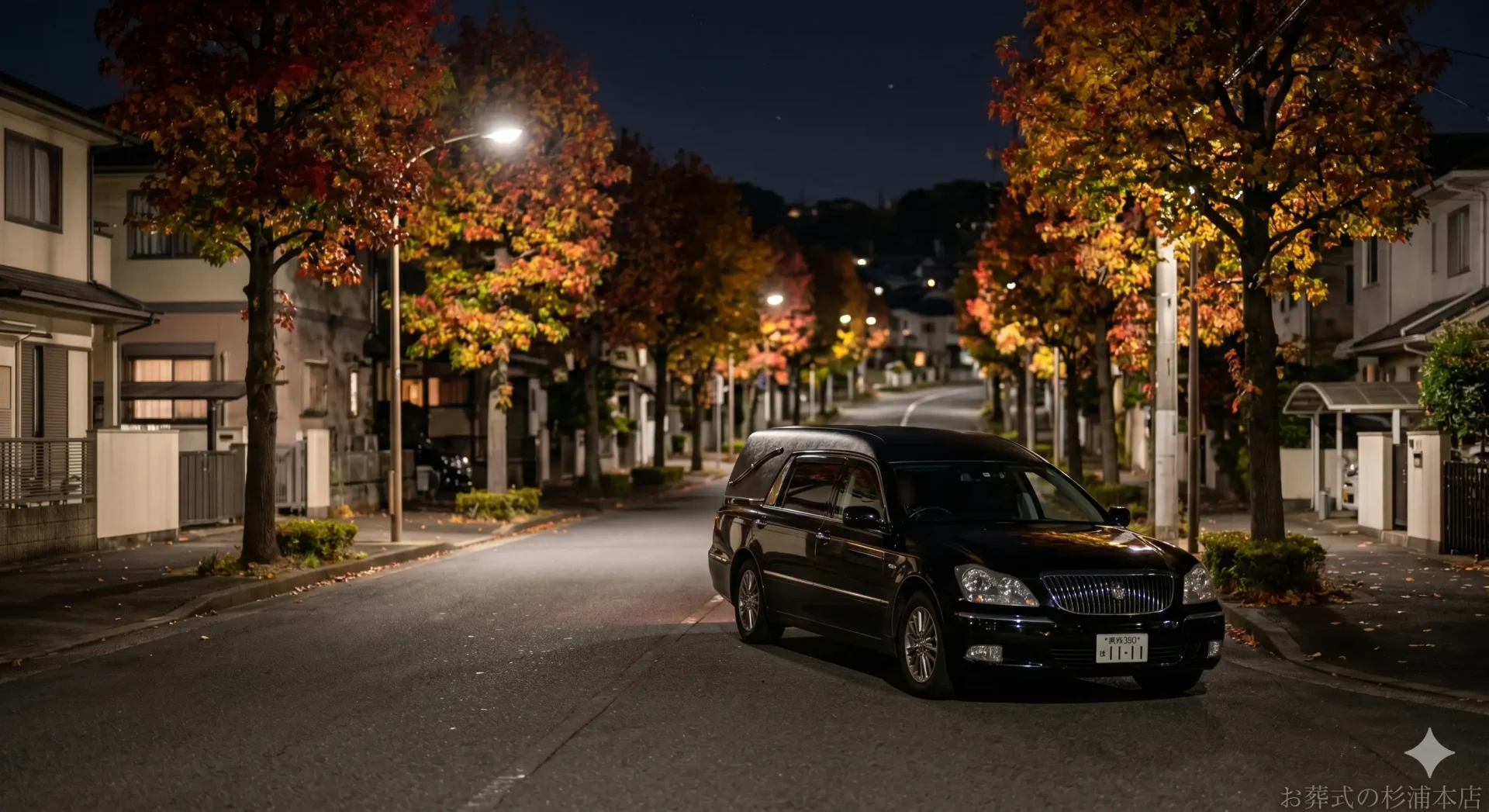 深夜に磯子区の病院へお迎えに向かう黒い葬儀搬送車のイメージ