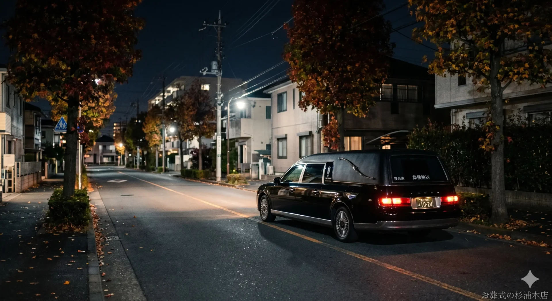 深夜に磯子区の病院へお迎えに向かう黒い葬儀搬送車のイメージ