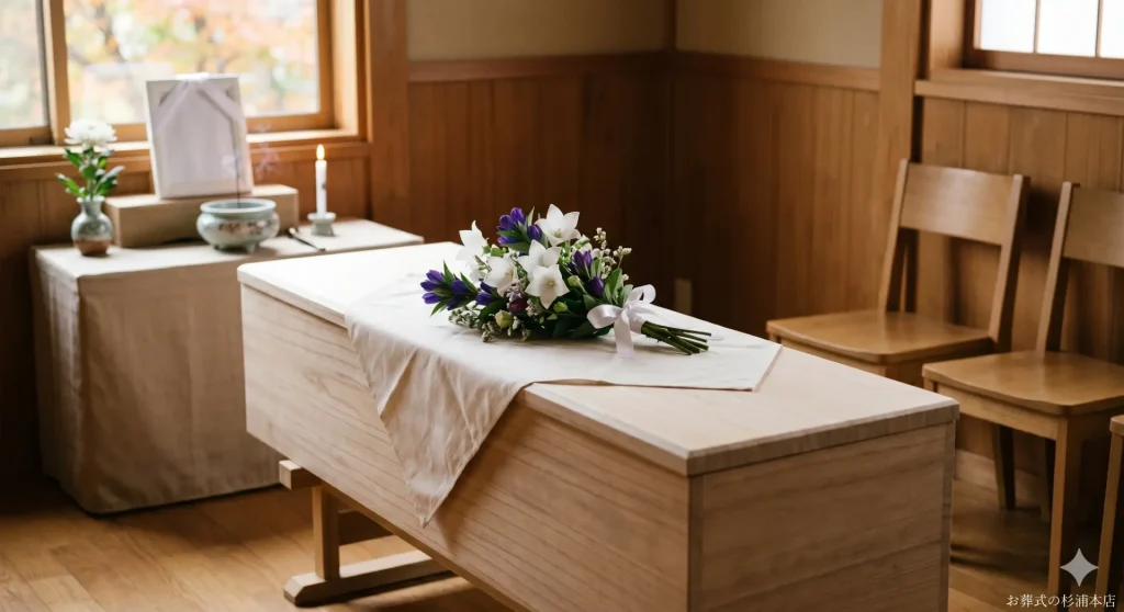 磯子区の直葬で祭壇に飾られた白い秋桔梗とリンドウの献花