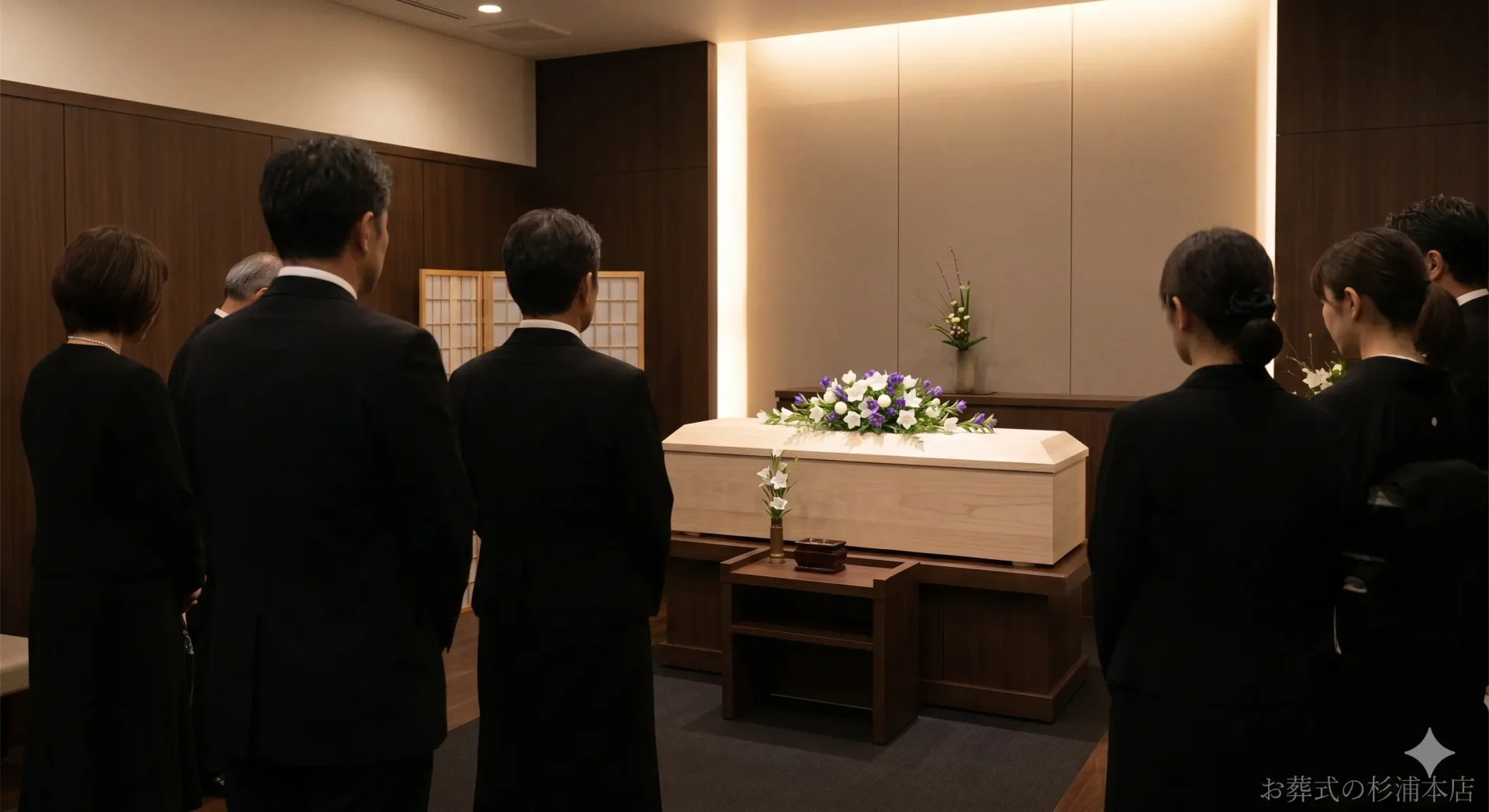 磯子区の直葬で白い秋桔梗に囲まれた火葬炉前でのお別れのイメージ