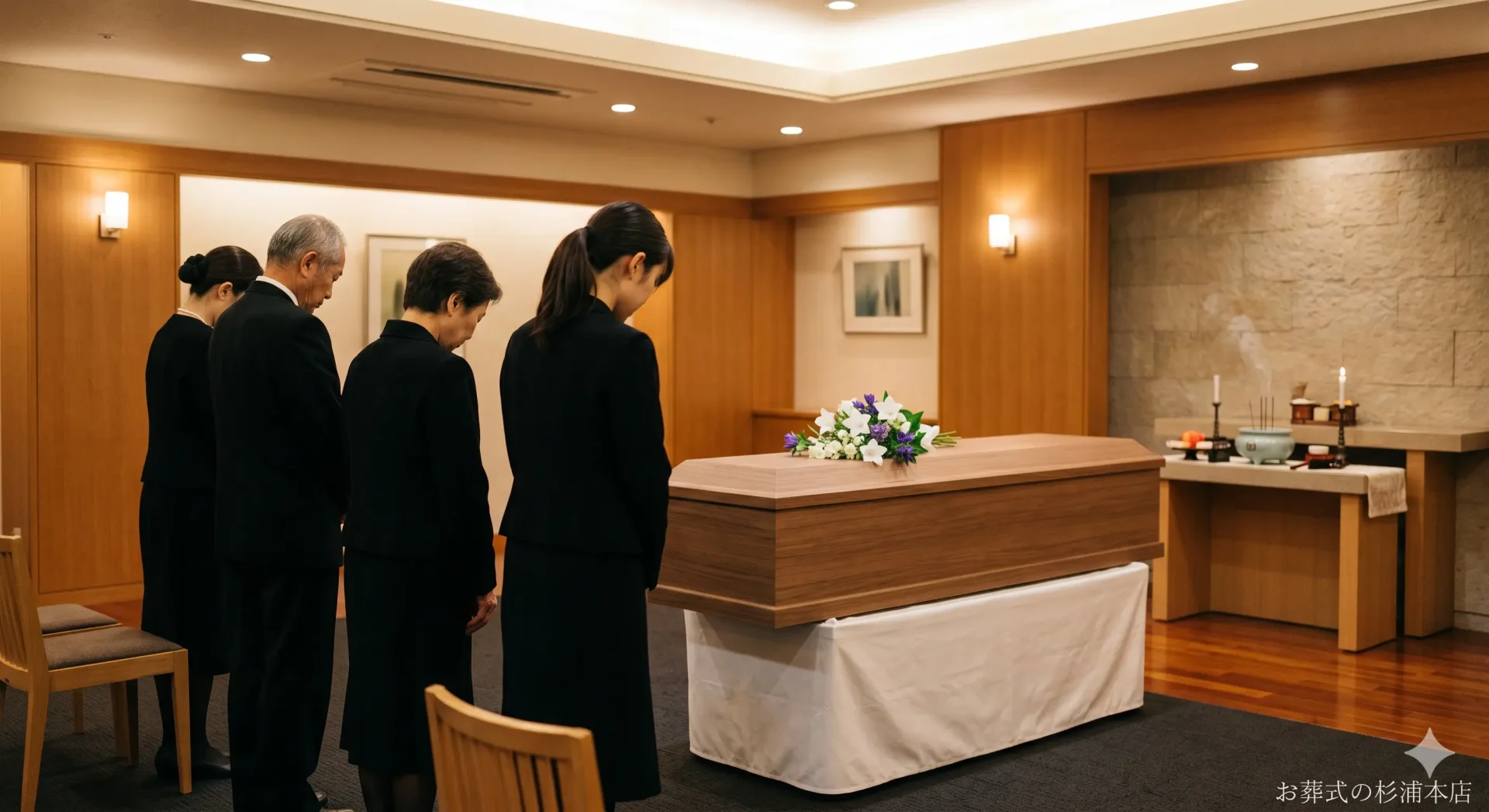 磯子区の直葬で白い秋桔梗に囲まれた火葬炉前でのお別れのイメージ