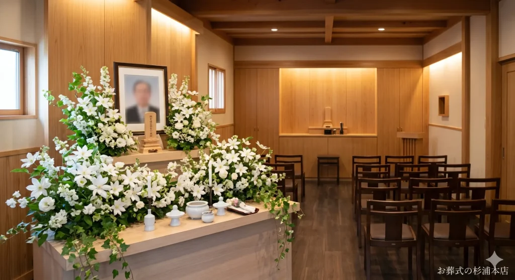 鎌倉市の家族葬式場に飾られた白いクレマチスとアイビーの祭壇