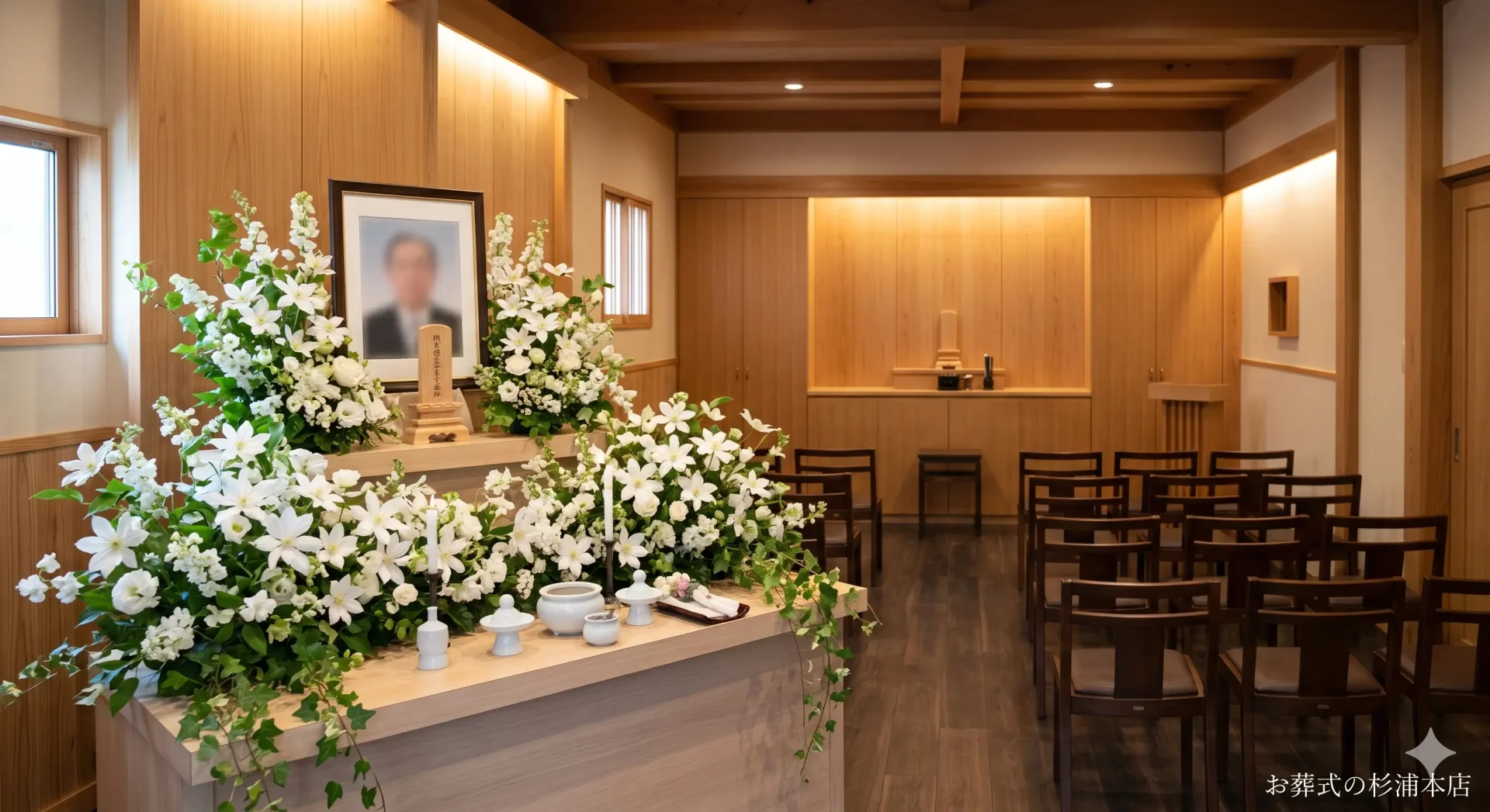 鎌倉市の家族葬式場に飾られた白いクレマチスとアイビーの祭壇
