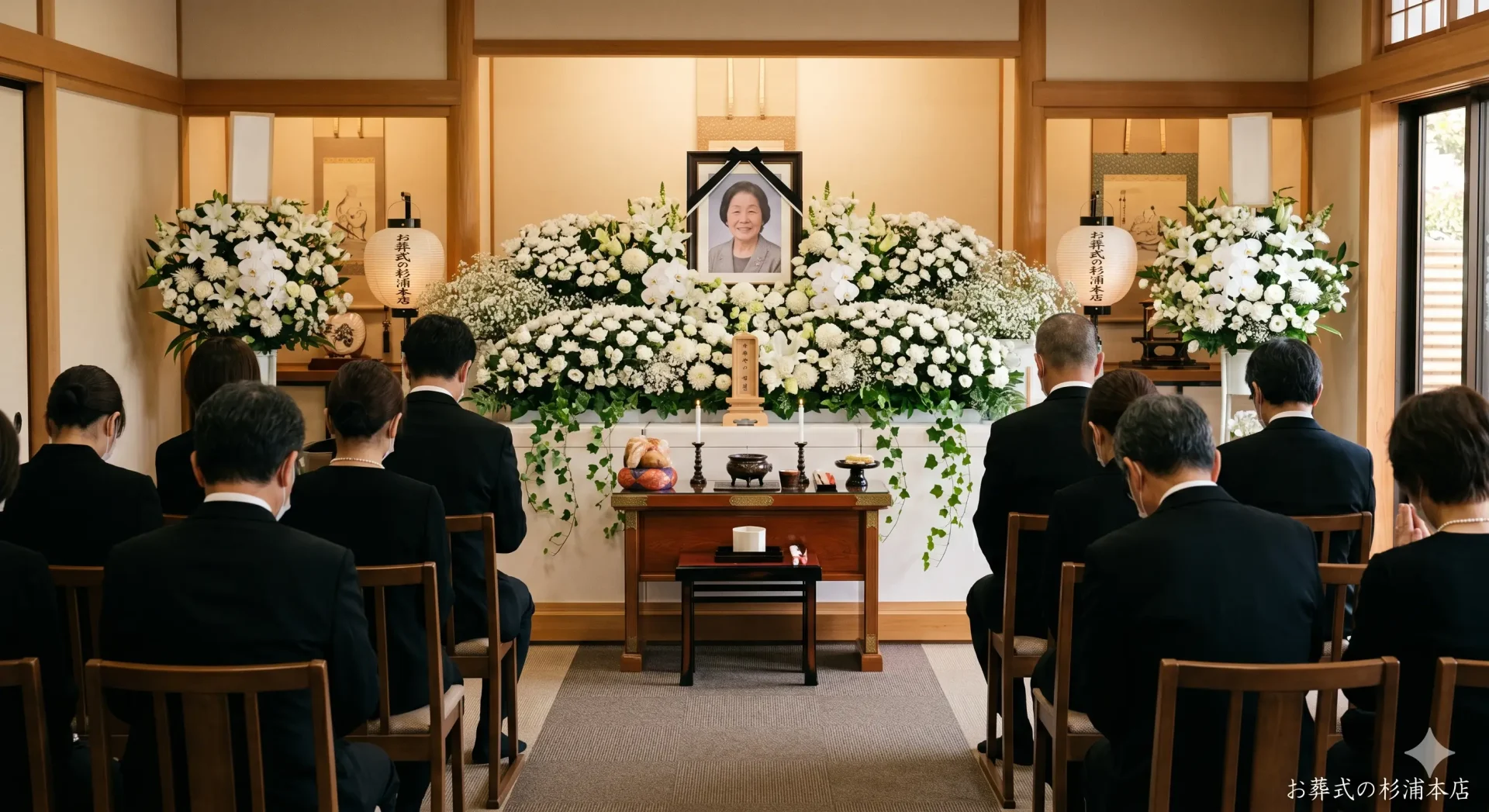 鎌倉市の家族葬で白い花に囲まれた祭壇の前で行われる告別式のイメージ