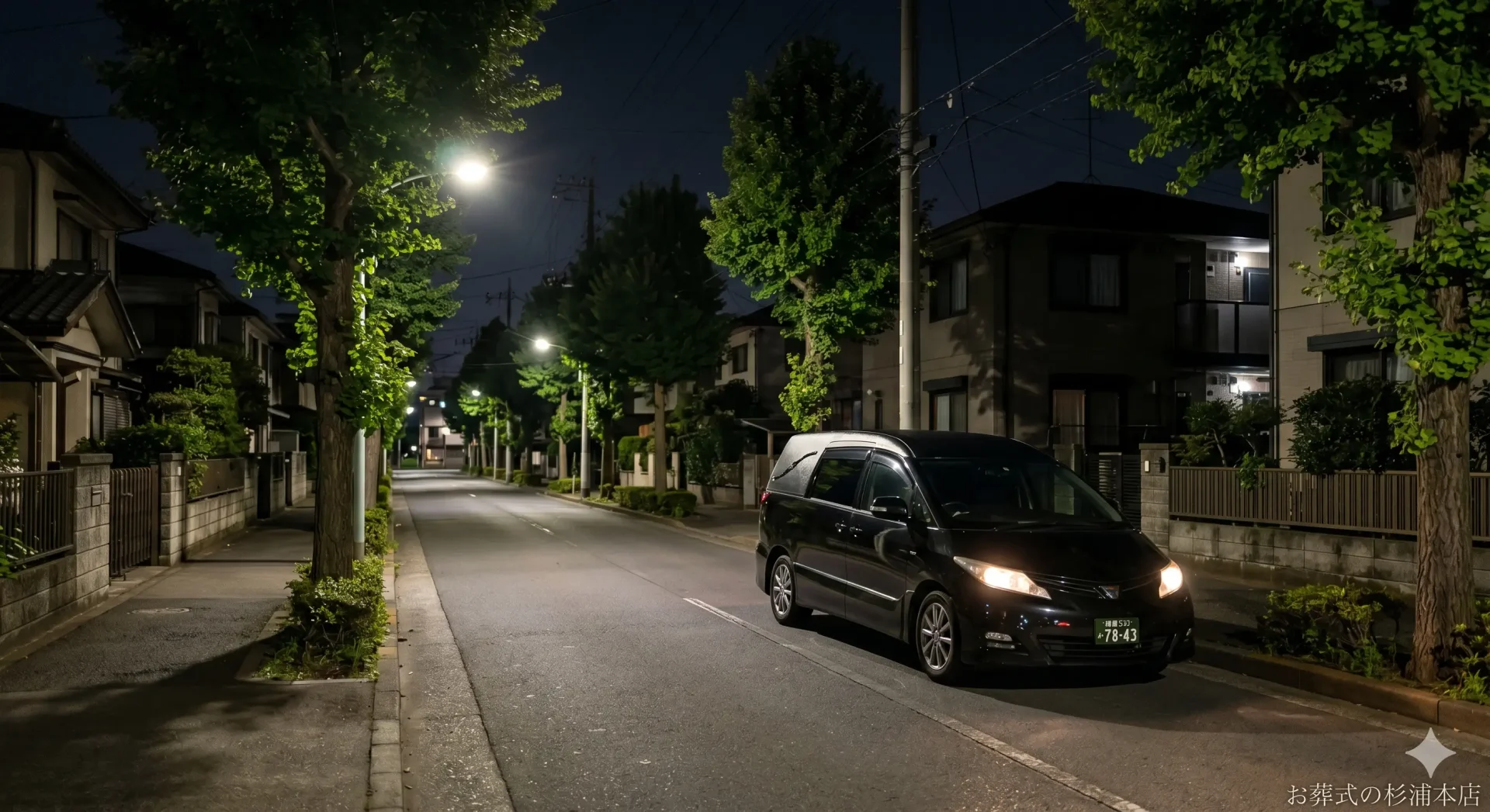 深夜に町田市の病院へお迎えに向かう黒い葬儀搬送車のイメージ