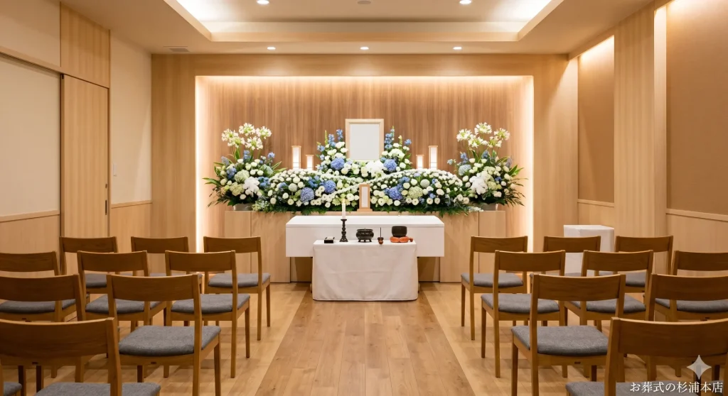 町田市の家族葬式場に飾られたホワイトアガパンサスとブルースターの祭壇