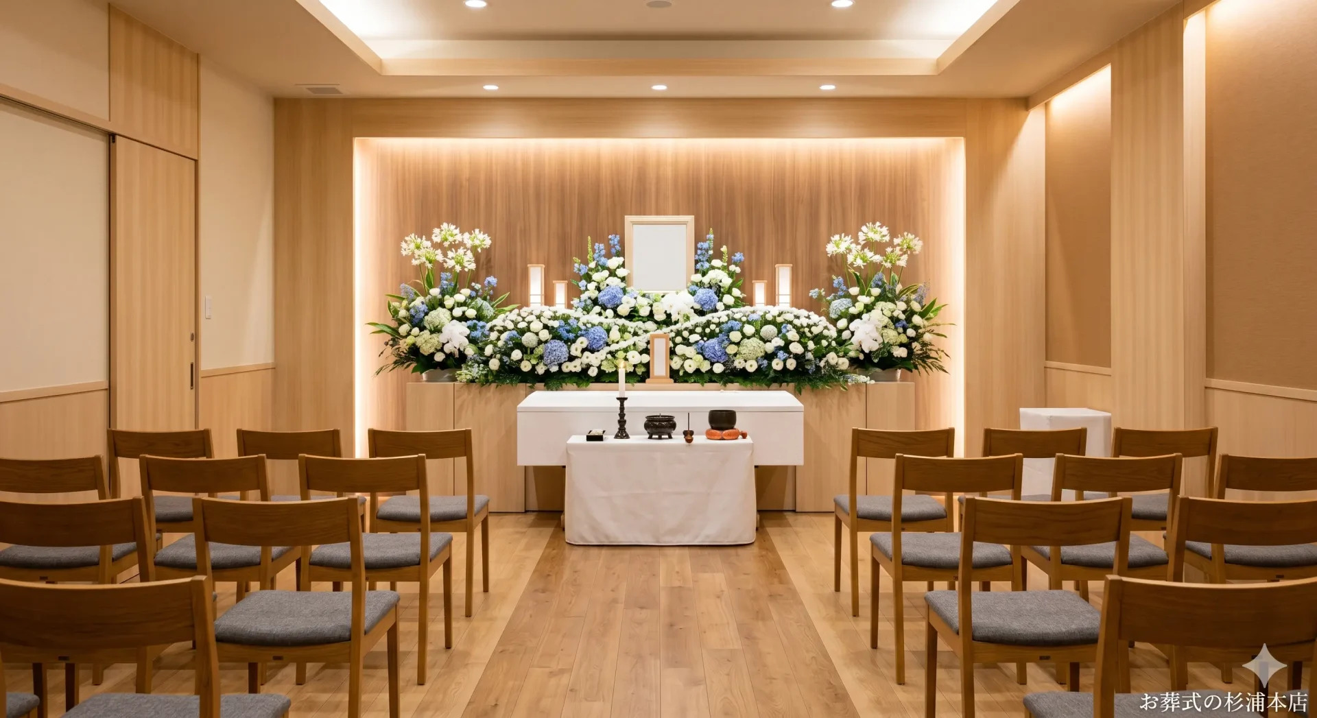 町田市の家族葬式場に飾られたホワイトアガパンサスとブルースターの祭壇