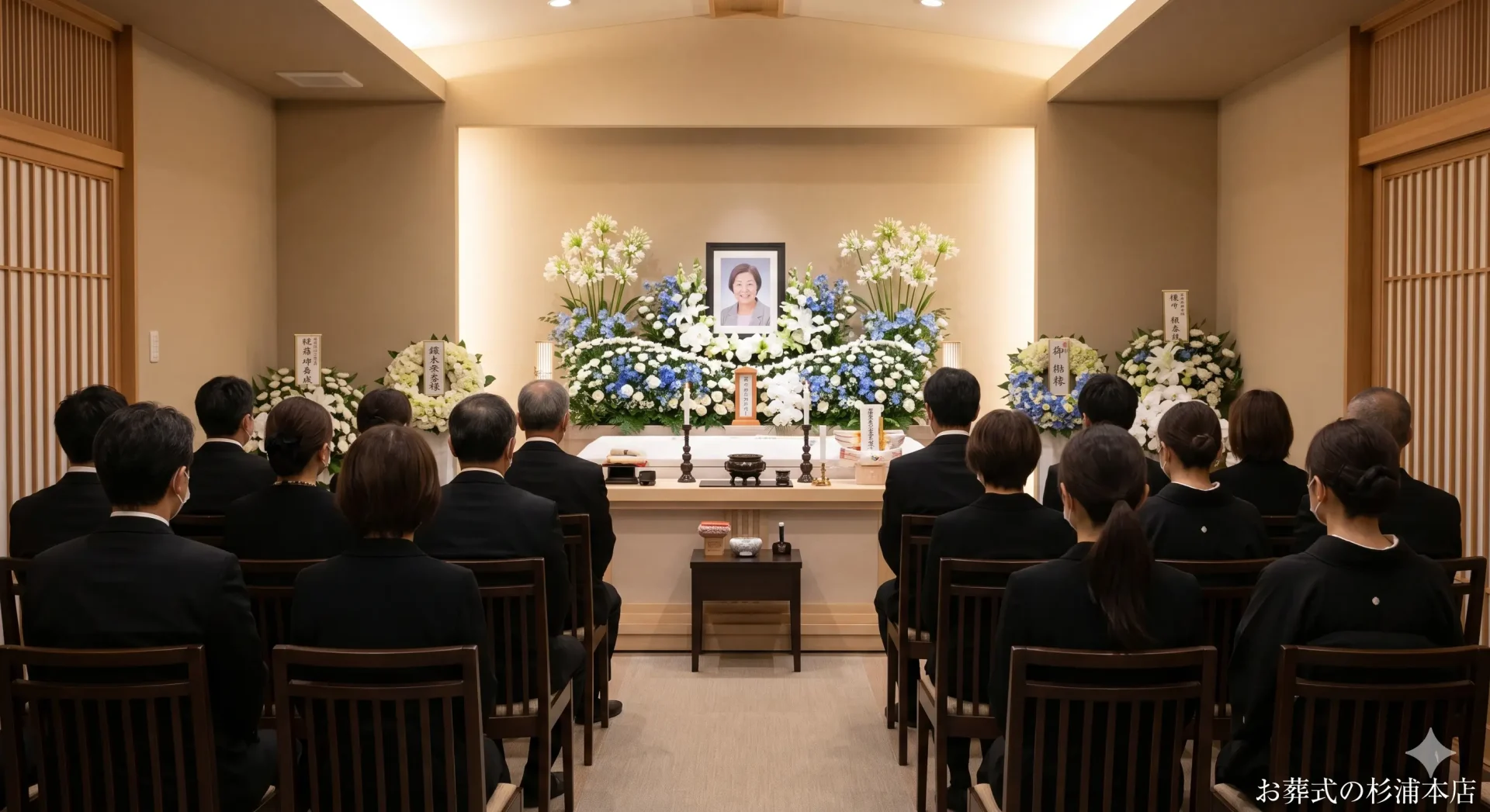 町田市の家族葬でホワイトアガパンサスとブルースターに囲まれた祭壇の前で行われる告別式のイメージ