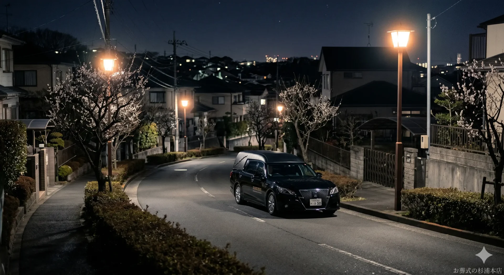 深夜に緑区の病院へお迎えに向かう黒い葬儀搬送車のイメージ