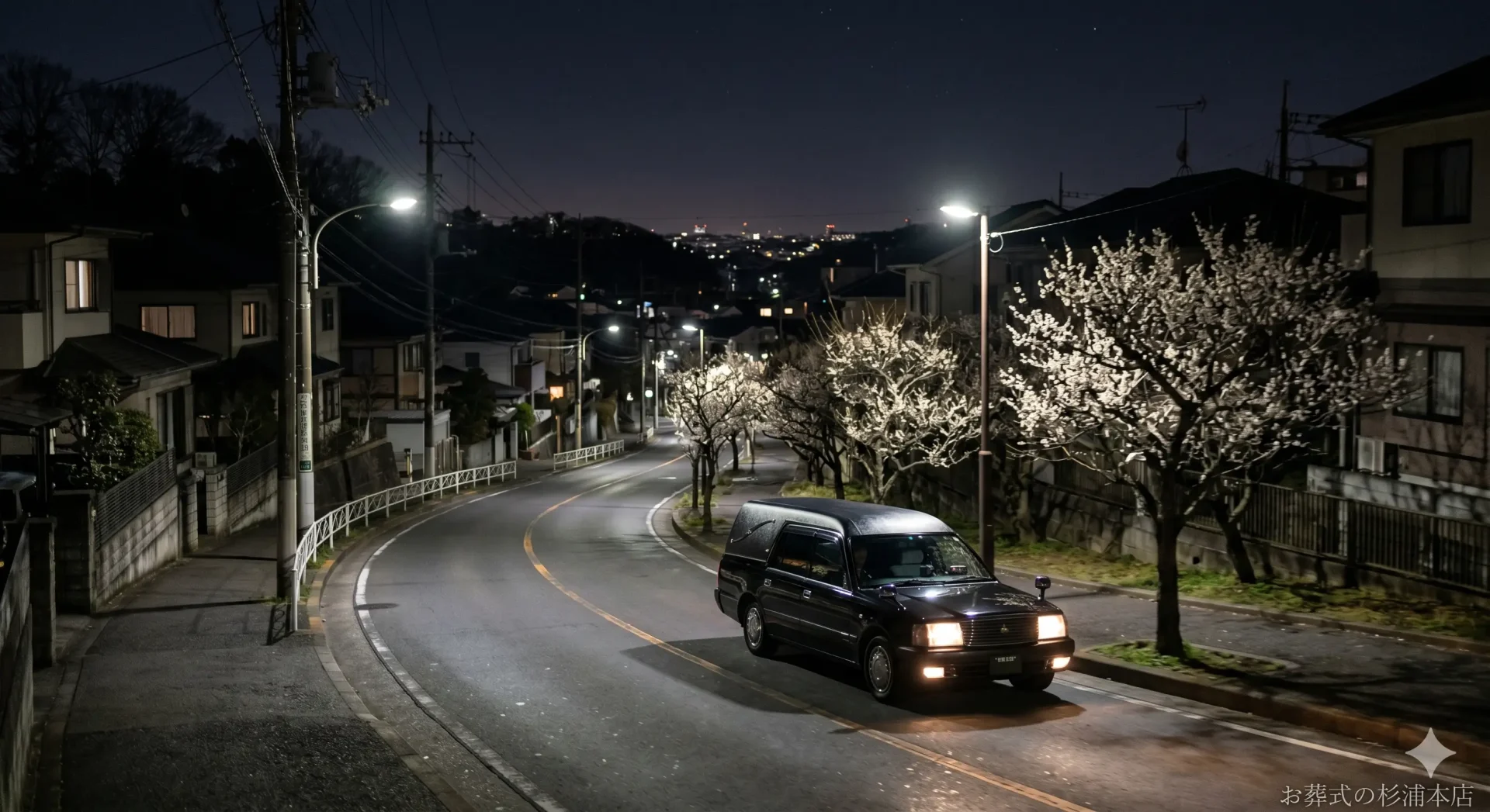 深夜に緑区の病院へお迎えに向かう黒い葬儀搬送車のイメージ