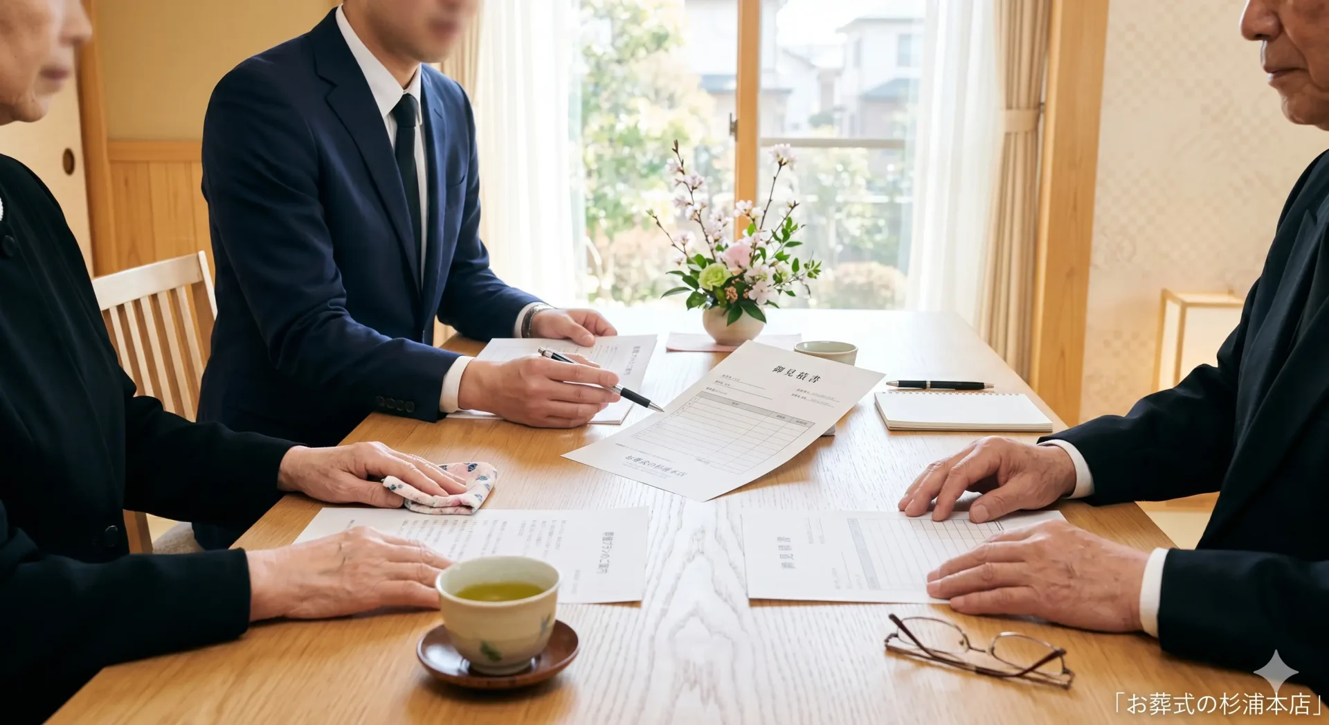 緑区の直葬で家族がスタッフと打ち合わせをしているイメージ