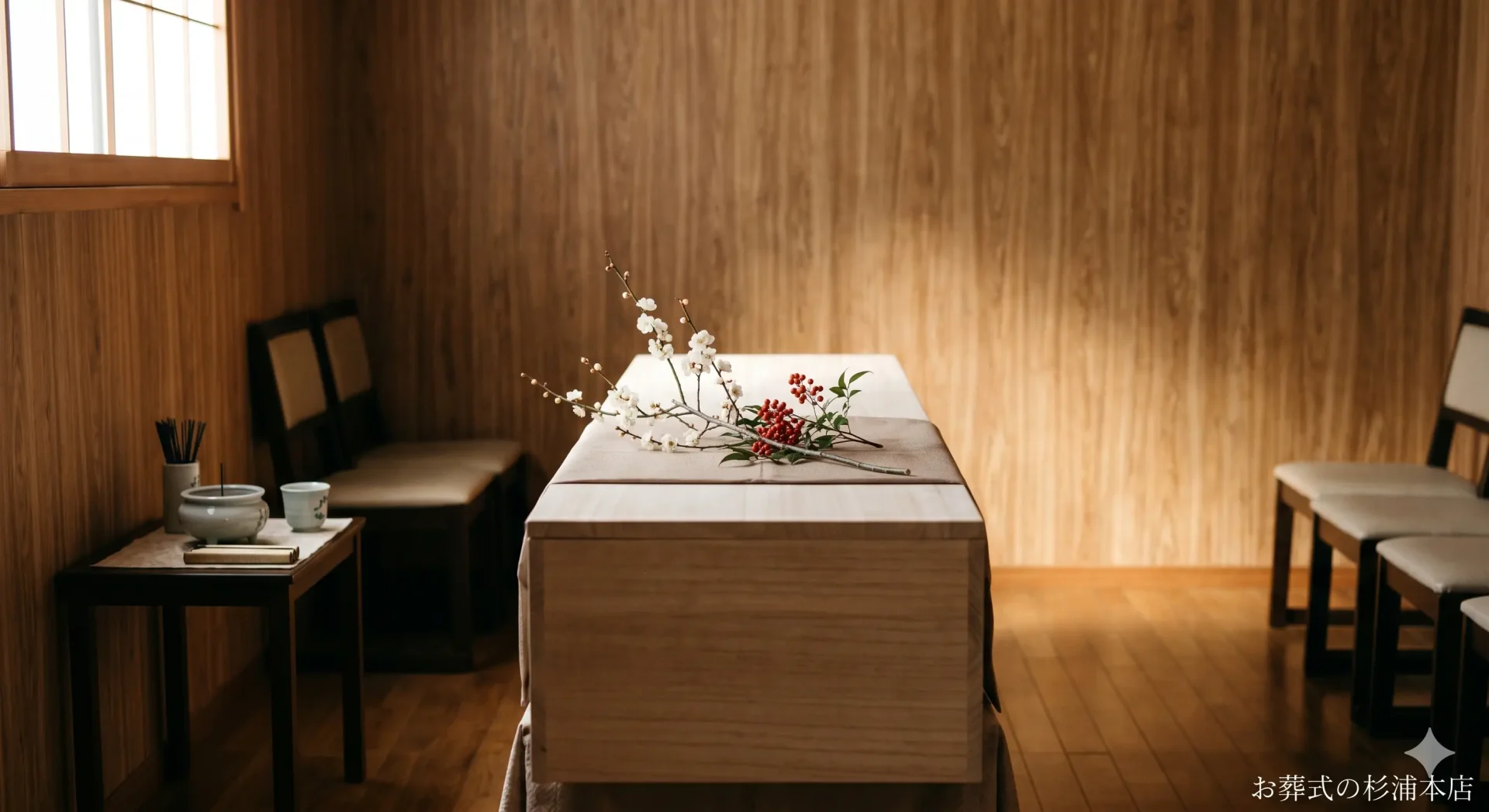 緑区の直葬で棺に添えられた白梅と南天の実の献花